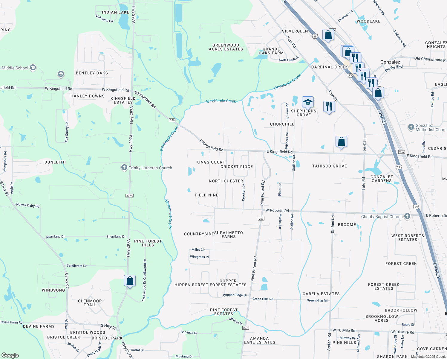 map of restaurants, bars, coffee shops, grocery stores, and more near 2401 Ryale Road in Gonzalez