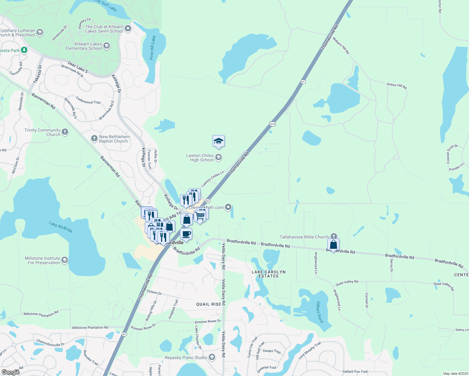 map of restaurants, bars, coffee shops, grocery stores, and more near 4286 Millwood Lane in Tallahassee