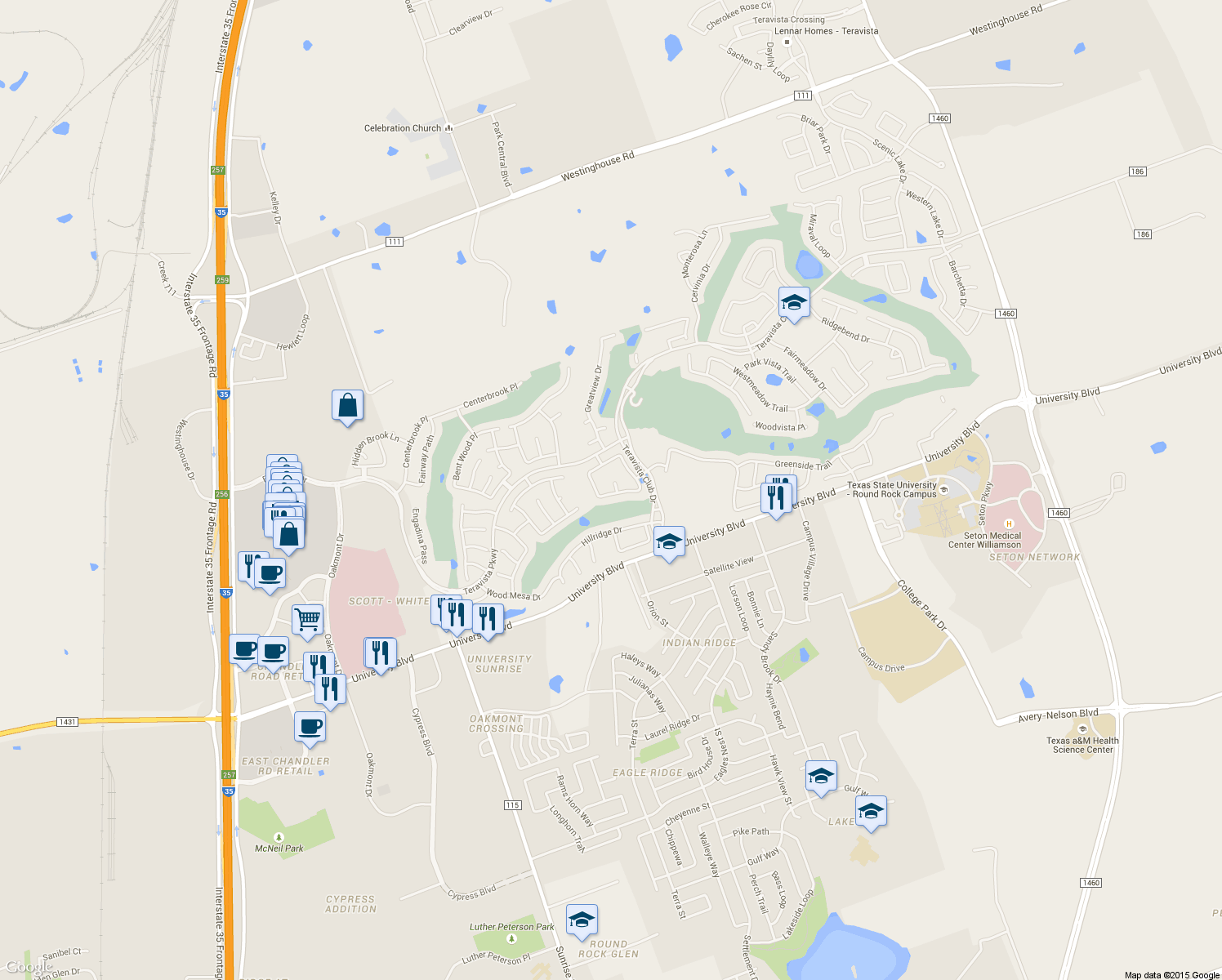 map of restaurants, bars, coffee shops, grocery stores, and more near 1302 Old Meadow Court in Round Rock