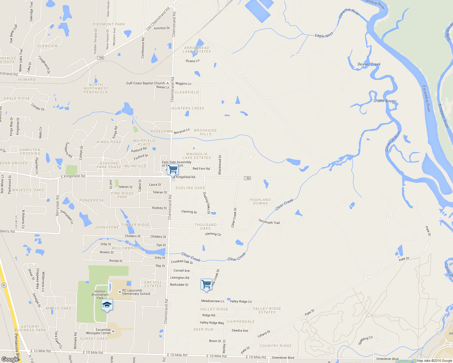 map of restaurants, bars, coffee shops, grocery stores, and more near 3281 East Kingsfield Road in Pensacola