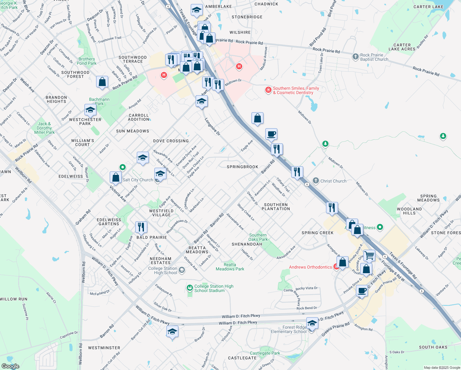 map of restaurants, bars, coffee shops, grocery stores, and more near 3939 Oriole Ct in College Station