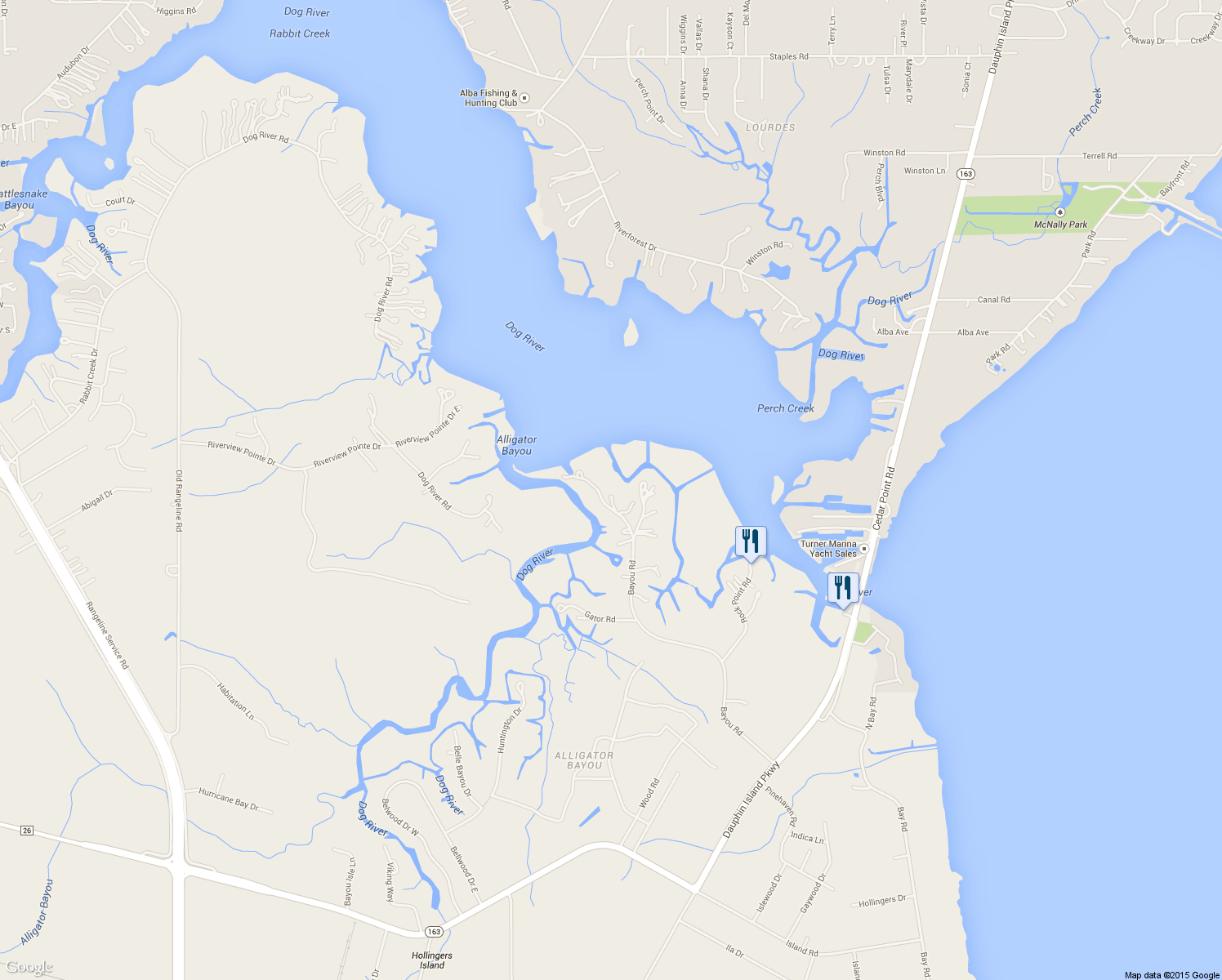 map of restaurants, bars, coffee shops, grocery stores, and more near 5881 Bayou Rd in Mobile