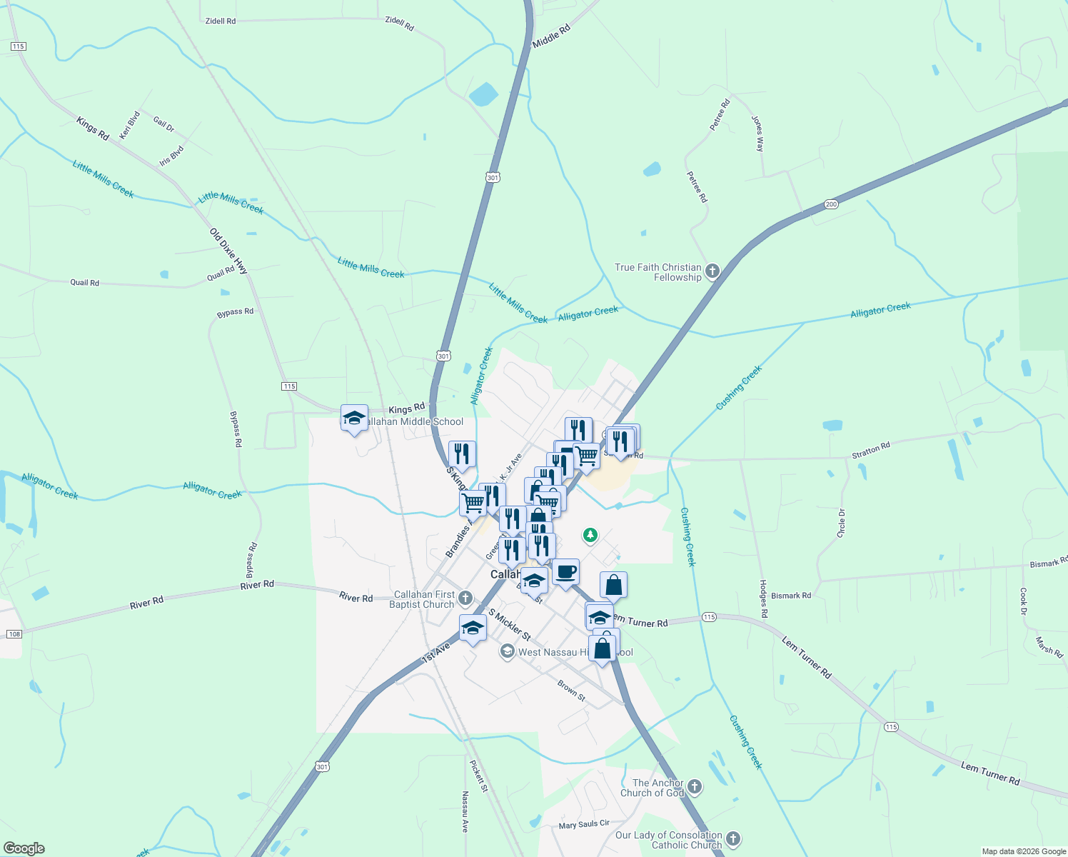 map of restaurants, bars, coffee shops, grocery stores, and more near 45062 Ingleham Circle in Callahan
