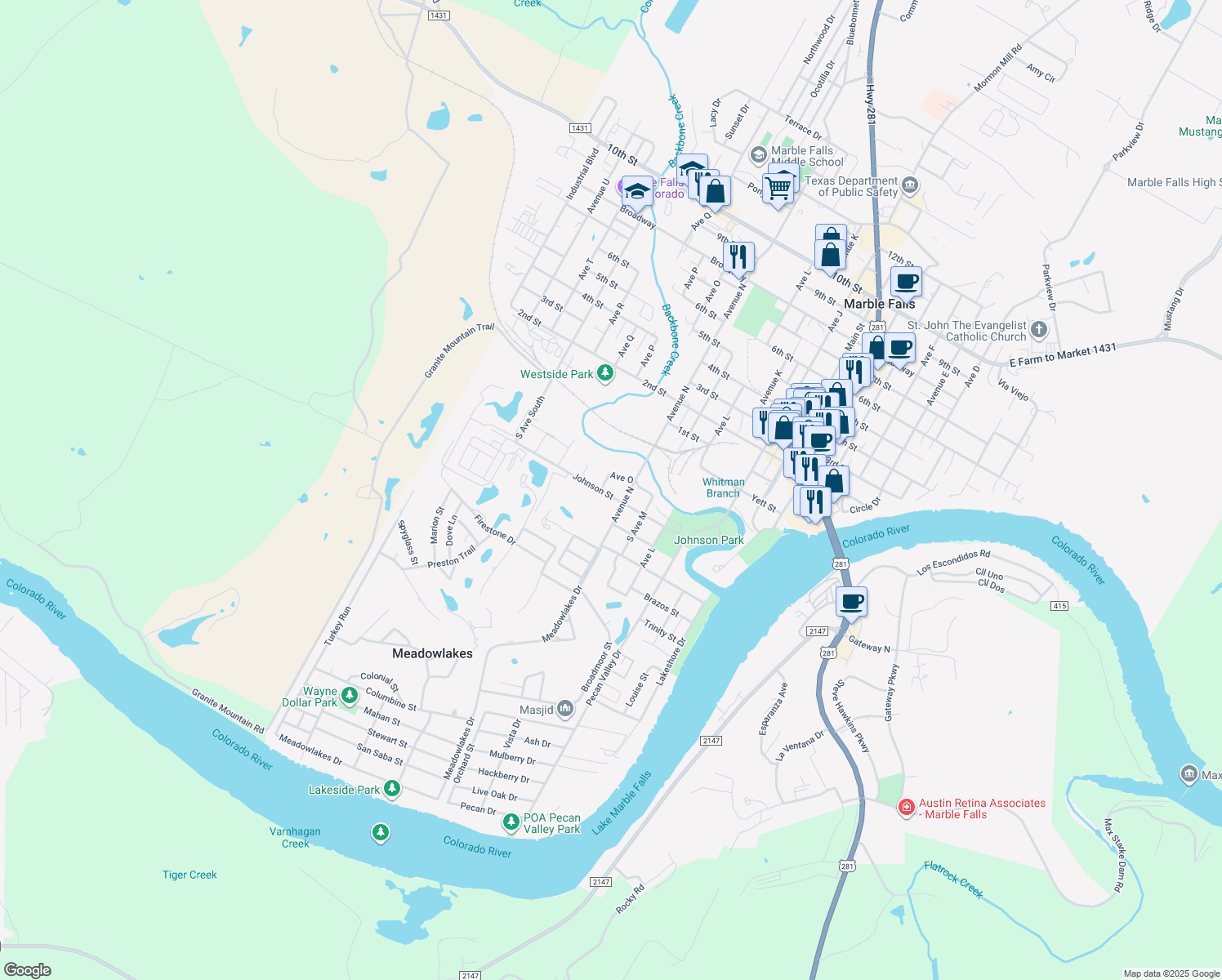 map of restaurants, bars, coffee shops, grocery stores, and more near 1407 Johnson Street in Marble Falls