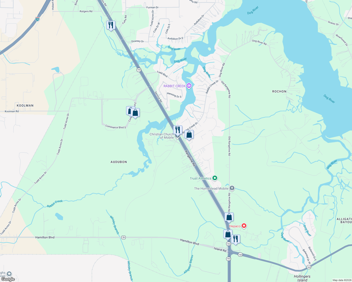 map of restaurants, bars, coffee shops, grocery stores, and more near 5950 Riverchase Drive South in Theodore