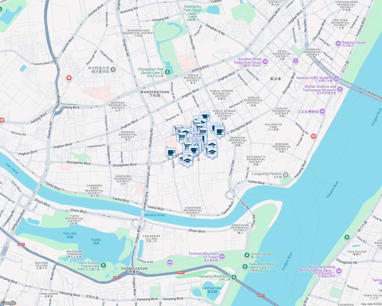 map of restaurants, bars, coffee shops, grocery stores, and more near Zhongshan Avenue in Wuhan