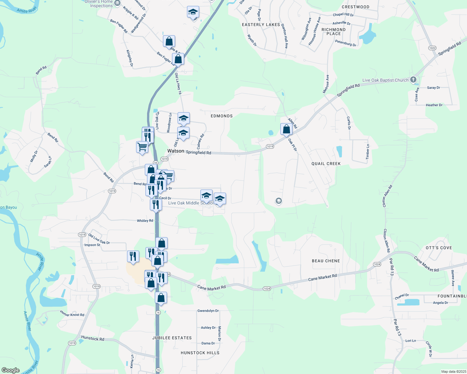 map of restaurants, bars, coffee shops, grocery stores, and more near 34361 Gravesbriar Drive in Denham Springs