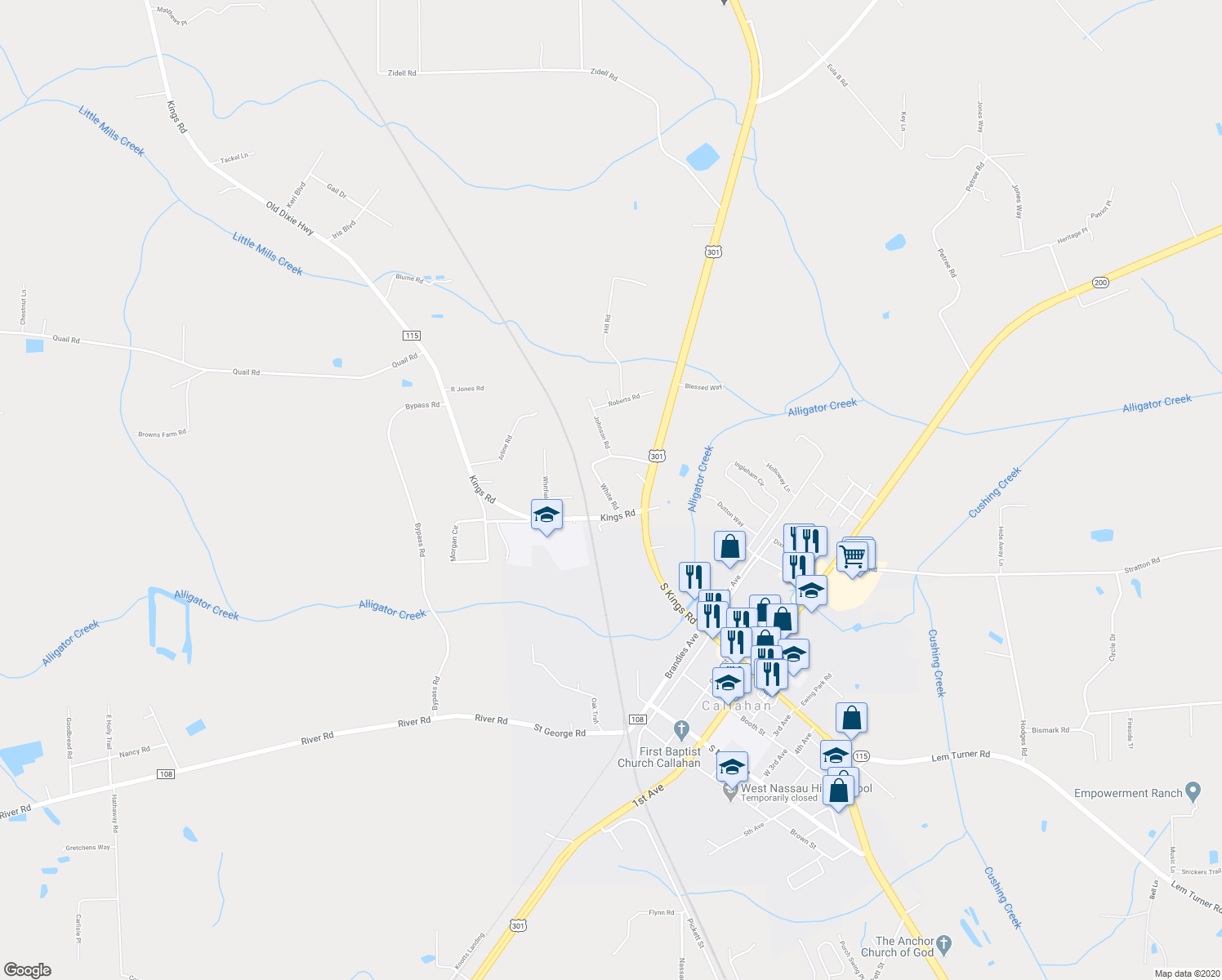 map of restaurants, bars, coffee shops, grocery stores, and more near 45029 White Road in Callahan