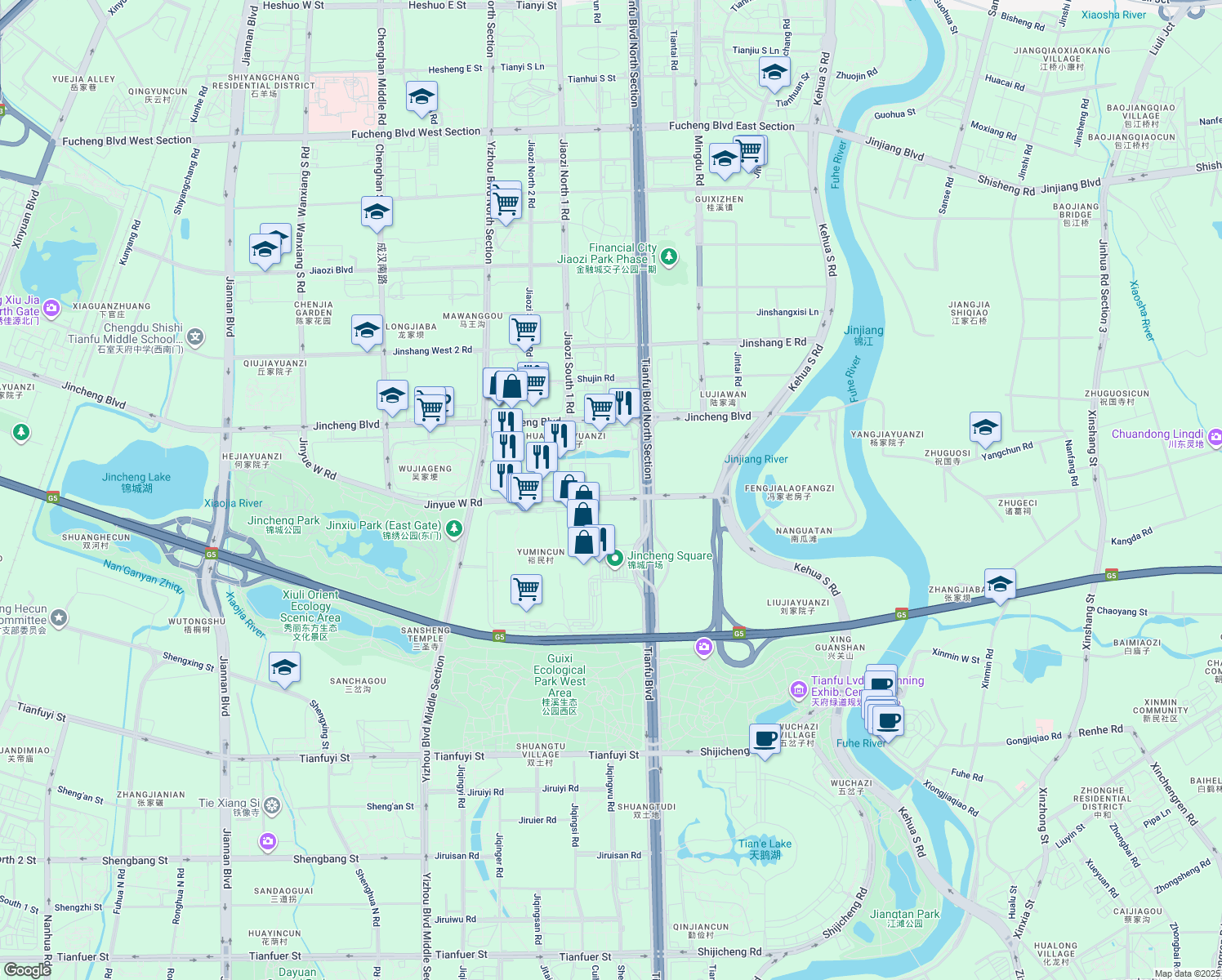 map of restaurants, bars, coffee shops, grocery stores, and more near 888 Ji Long Lu in Cheng Du Shi