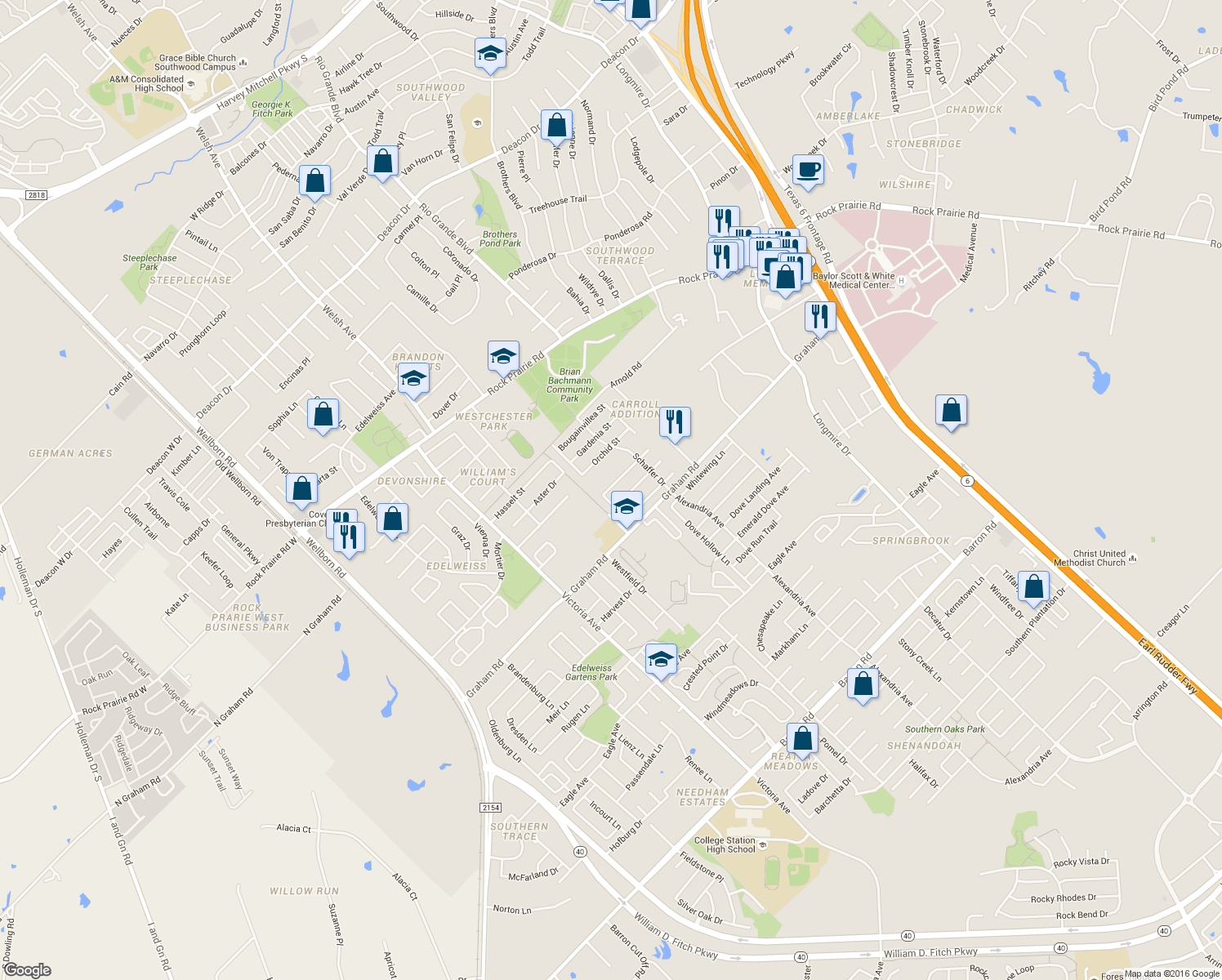 map of restaurants, bars, coffee shops, grocery stores, and more near 923 Willow Pond Street in College Station