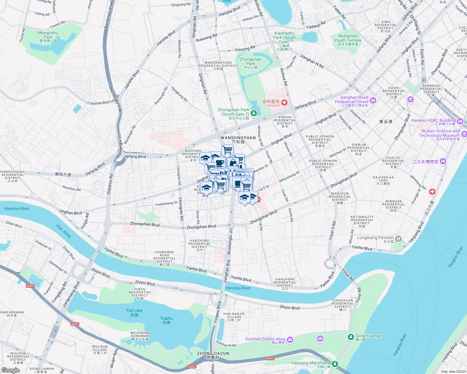 map of restaurants, bars, coffee shops, grocery stores, and more near 111 Wusheng Road in Wuhan Shi