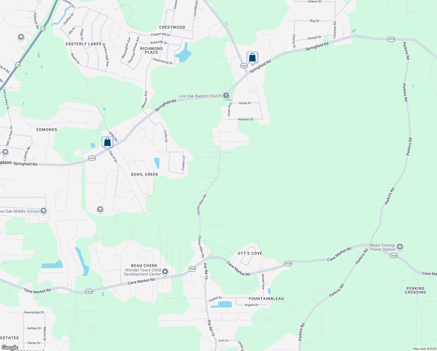 map of restaurants, bars, coffee shops, grocery stores, and more near 34920 Clinton Allen Road in Denham Springs