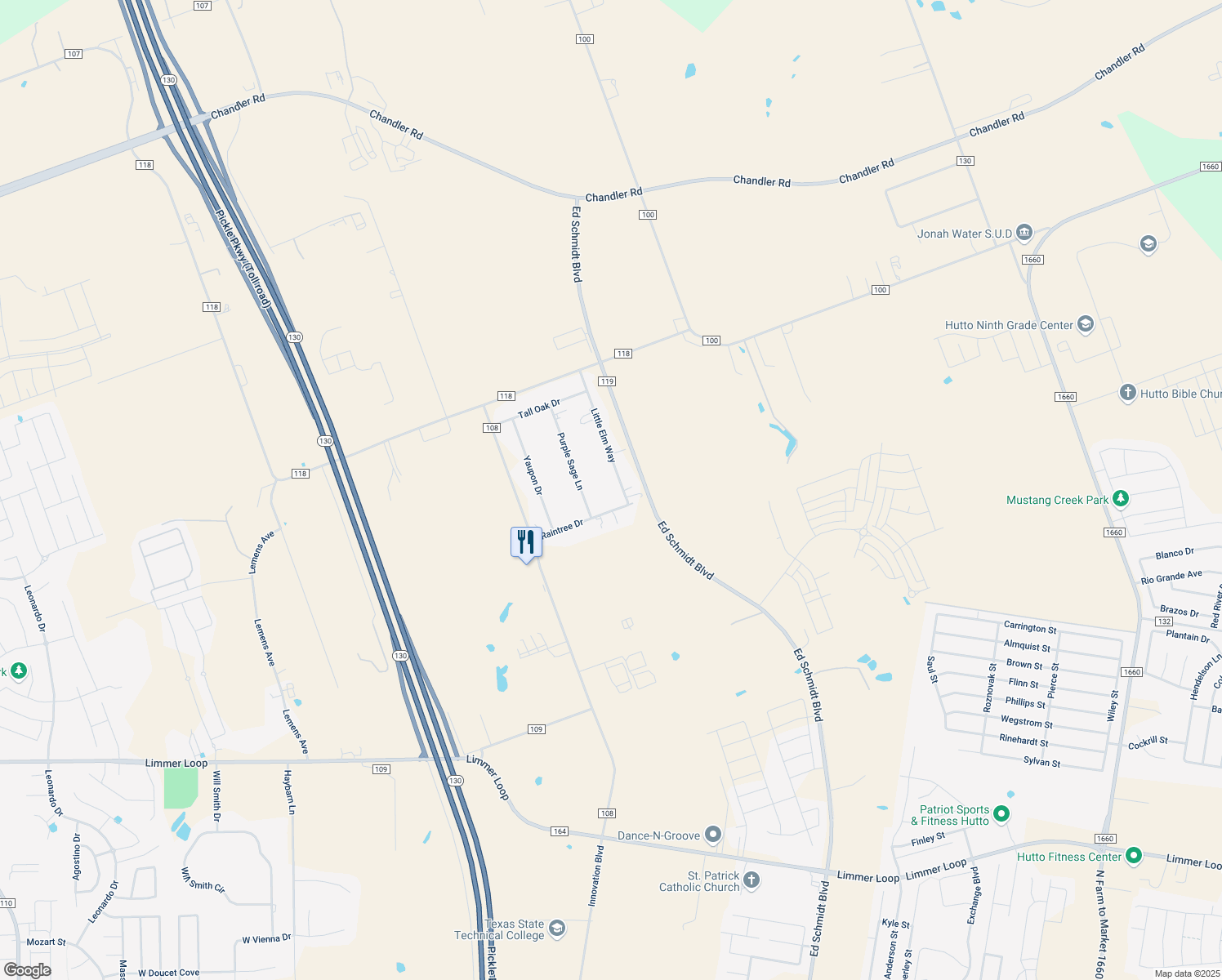 map of restaurants, bars, coffee shops, grocery stores, and more near 109 Little Elm Way in Hutto
