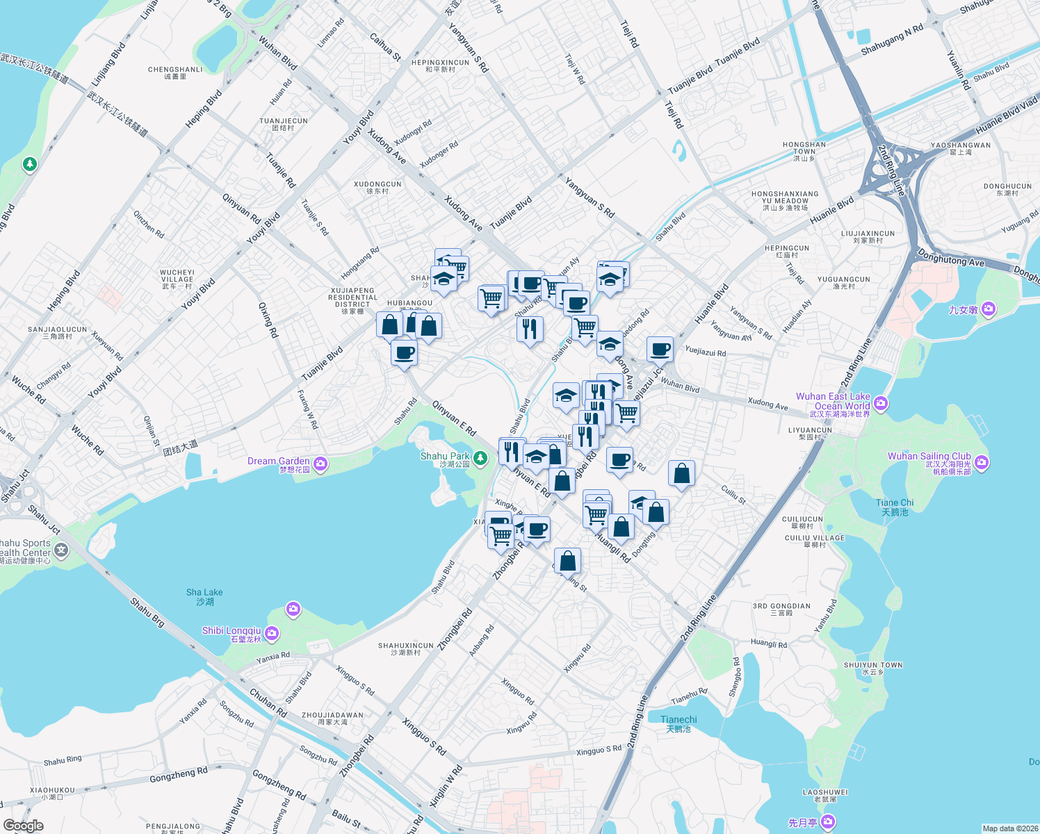 map of restaurants, bars, coffee shops, grocery stores, and more near Sha Hu Da Dao in Wu Han Shi