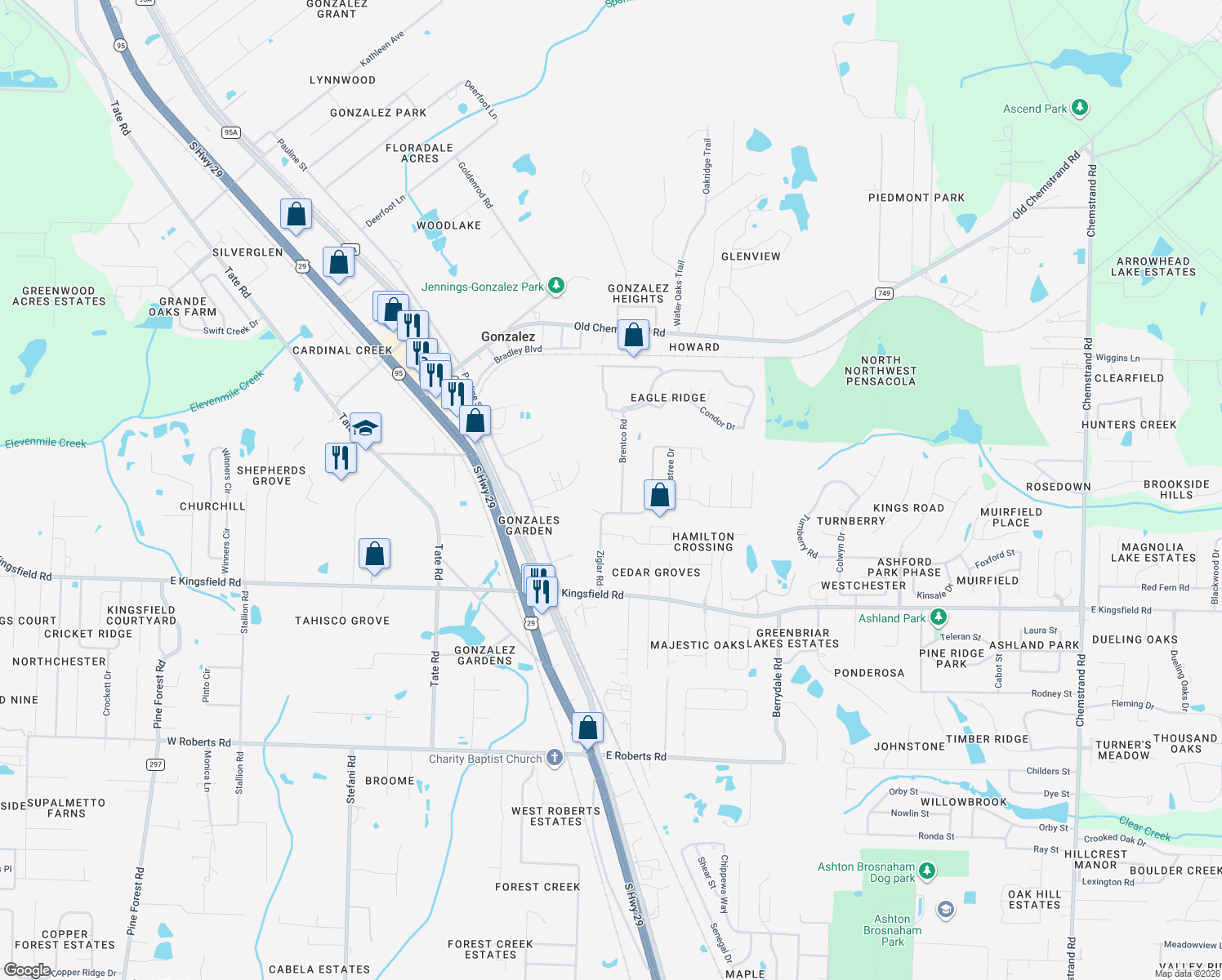 map of restaurants, bars, coffee shops, grocery stores, and more near 1965 Brentco Road in Gonzalez