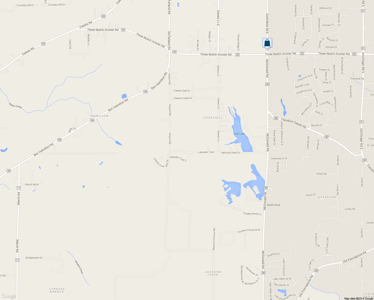 map of restaurants, bars, coffee shops, grocery stores, and more near 9082 Labrador Trail in Theodore