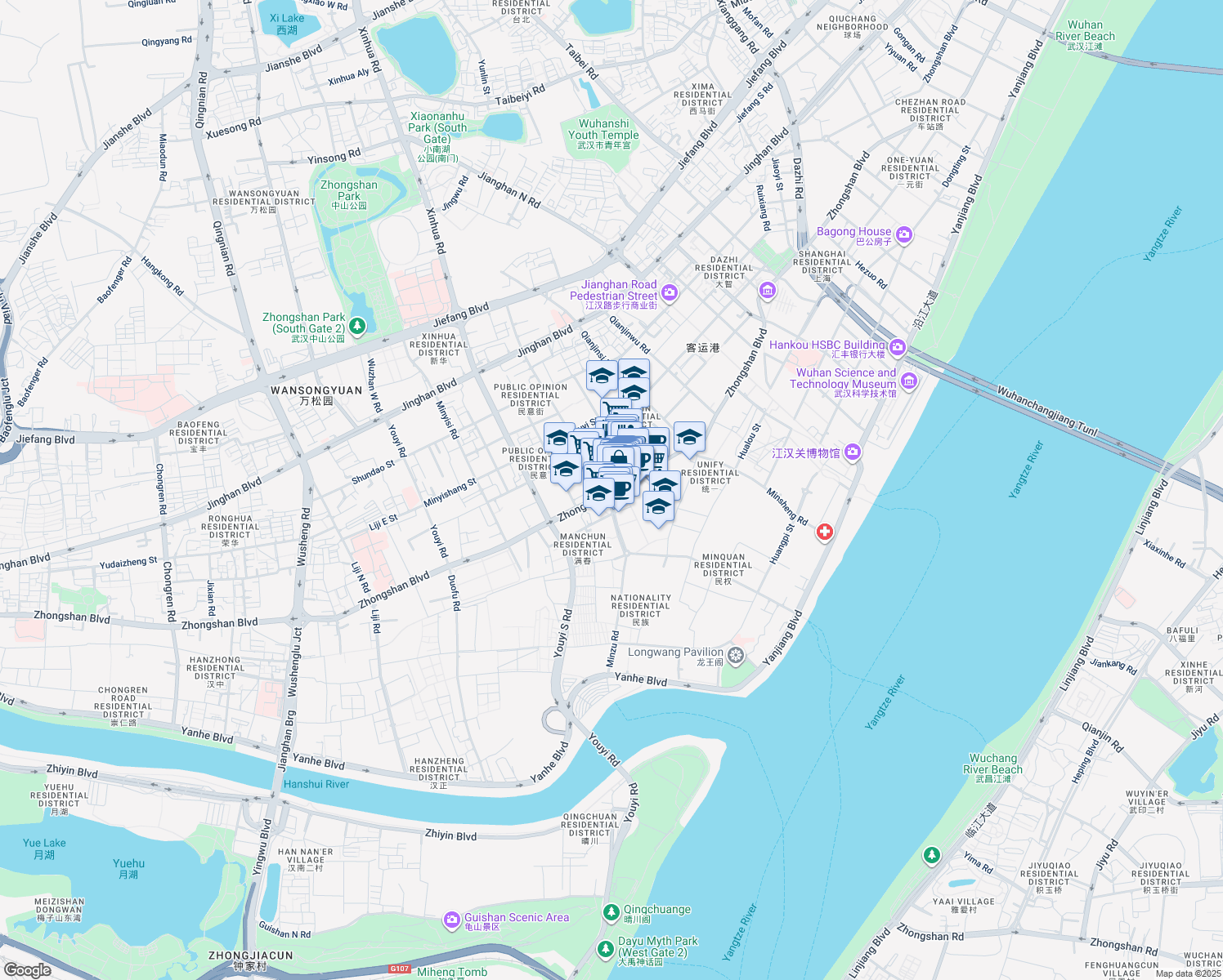 map of restaurants, bars, coffee shops, grocery stores, and more near Zhong Shan Da Dao in Wuhan Shi