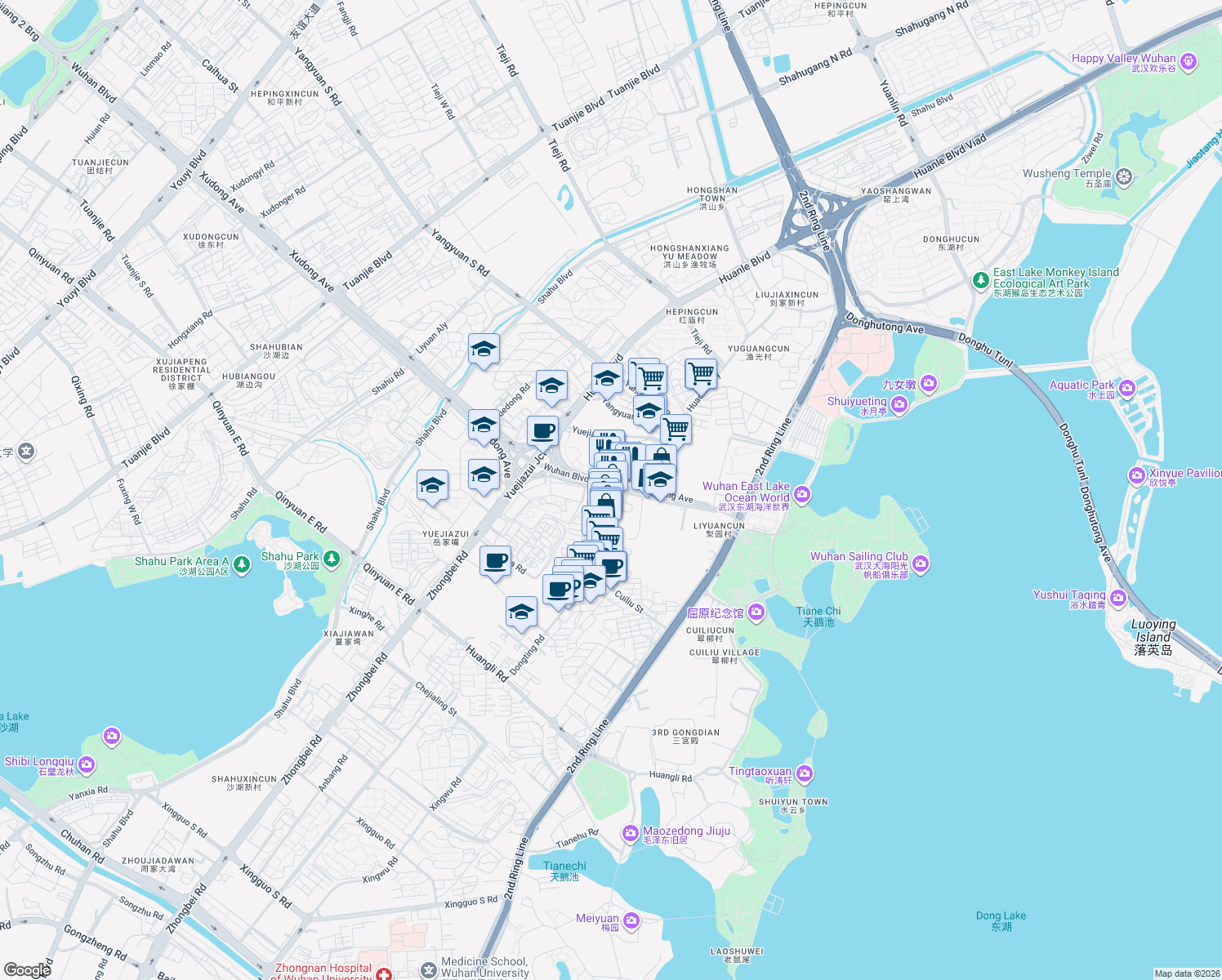 map of restaurants, bars, coffee shops, grocery stores, and more near Xu Dong Da Jie in Wu Han Shi