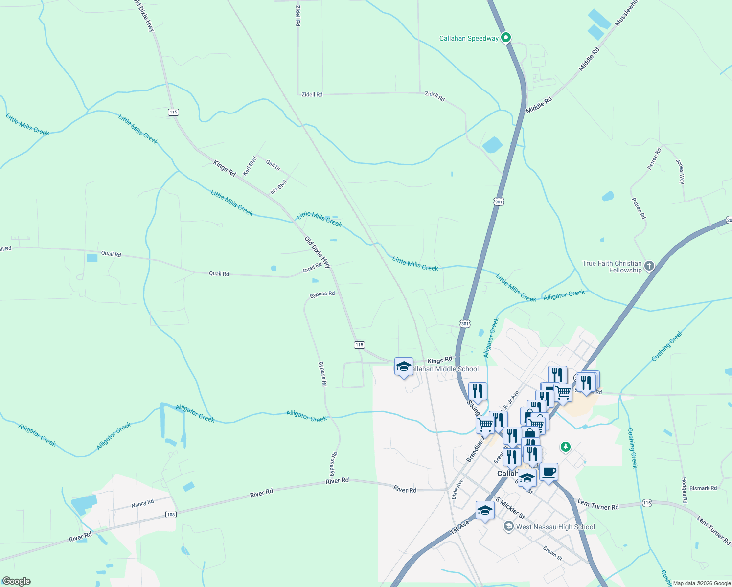 map of restaurants, bars, coffee shops, grocery stores, and more near 450368 Old Dixie Highway in Callahan