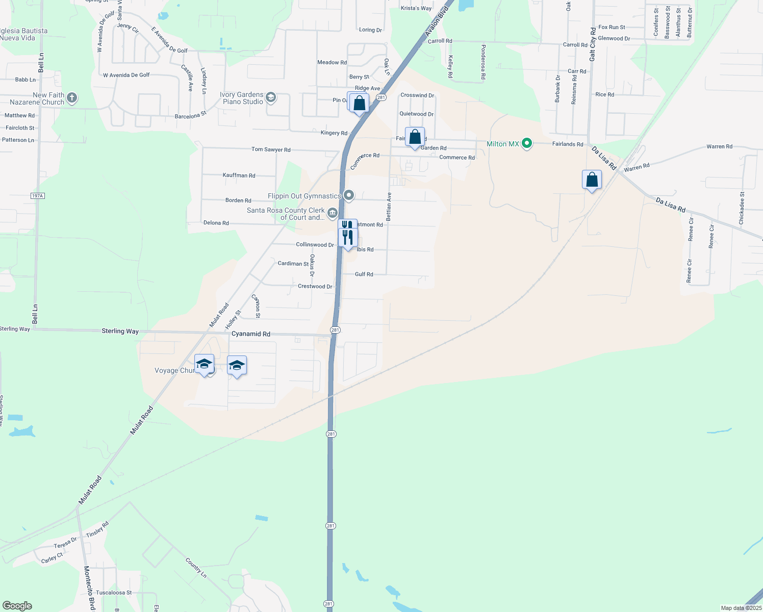 map of restaurants, bars, coffee shops, grocery stores, and more near 5799 Cactus Drive in Milton