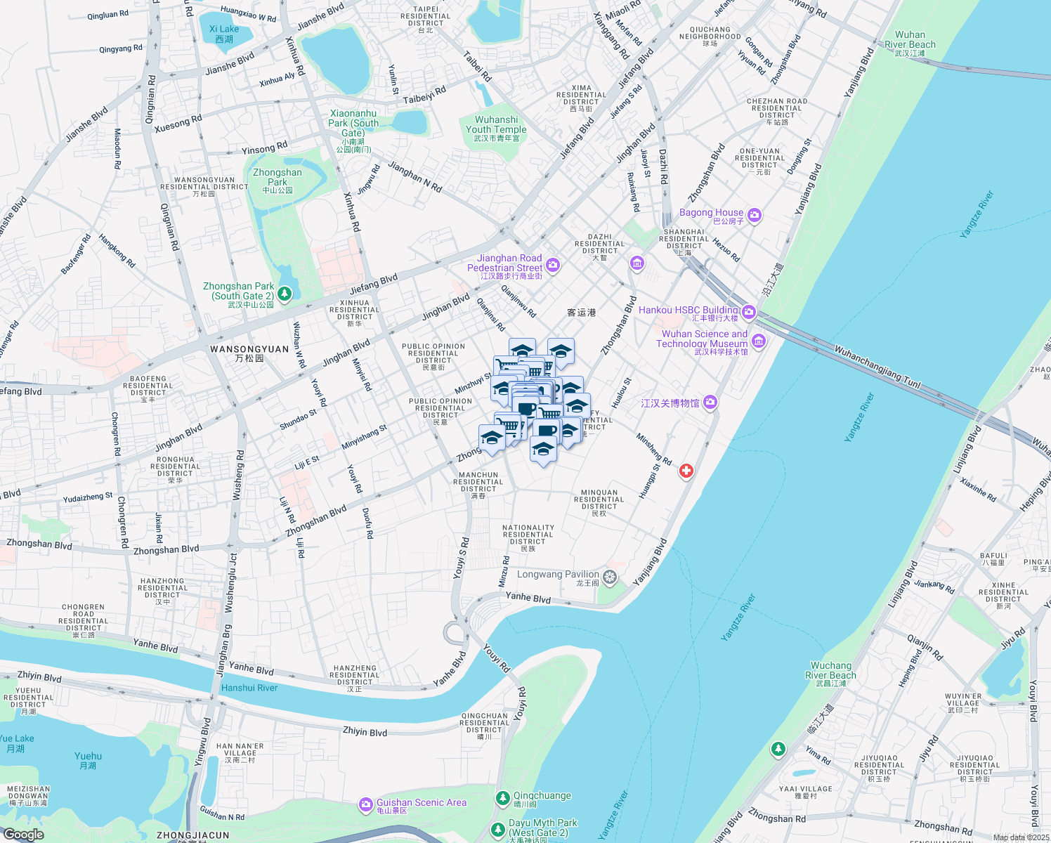 map of restaurants, bars, coffee shops, grocery stores, and more near Zhong Shan Da Dao in Wu Han Shi