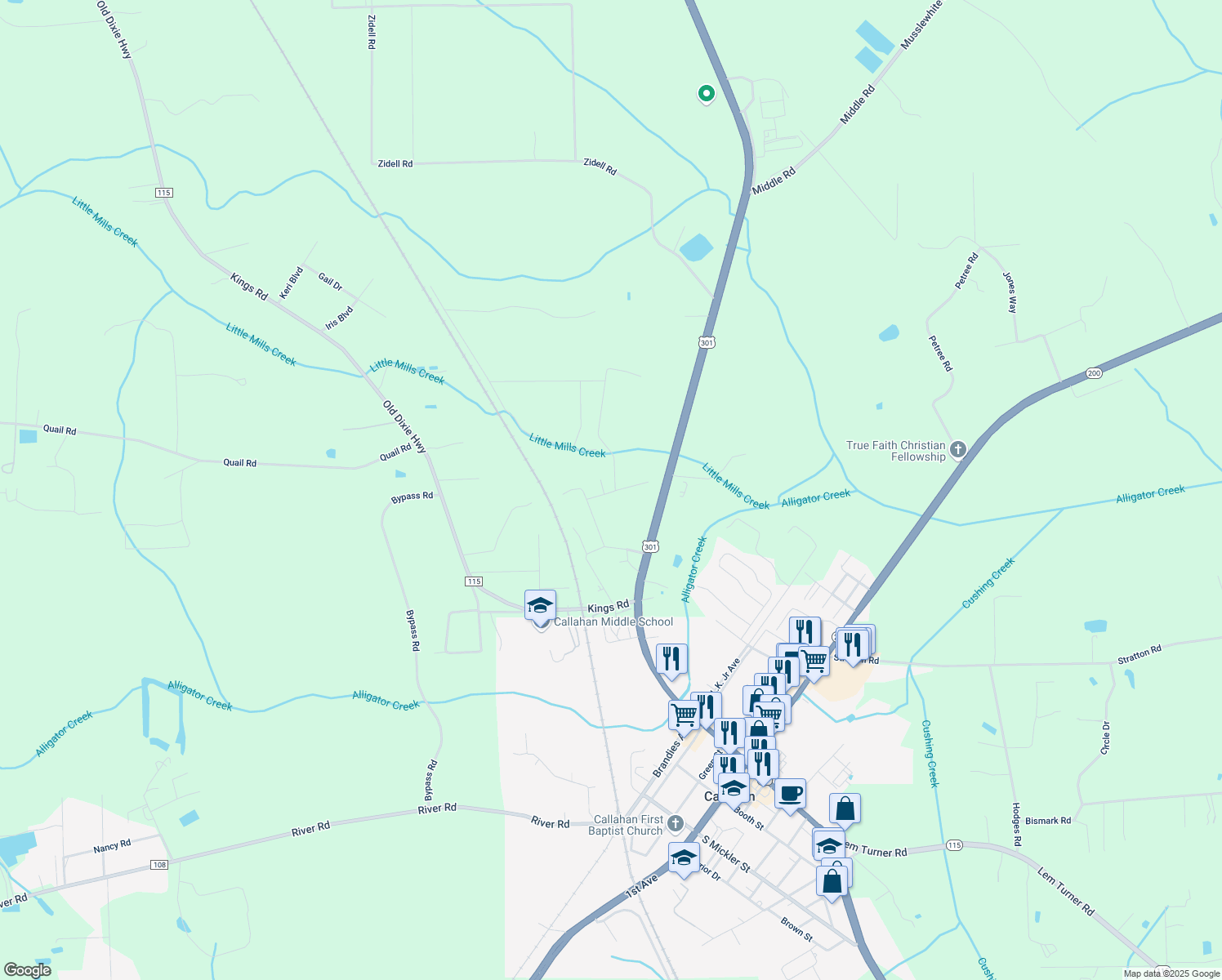 map of restaurants, bars, coffee shops, grocery stores, and more near 45075 Roberts Road in Callahan
