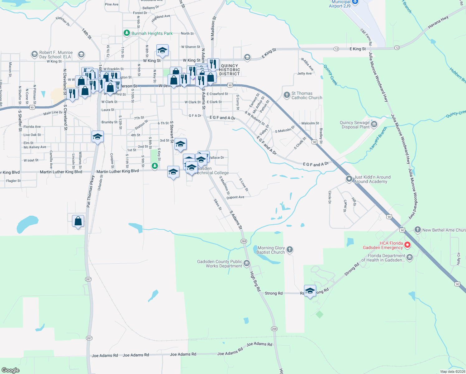 map of restaurants, bars, coffee shops, grocery stores, and more near 738 South Duval Street in Quincy