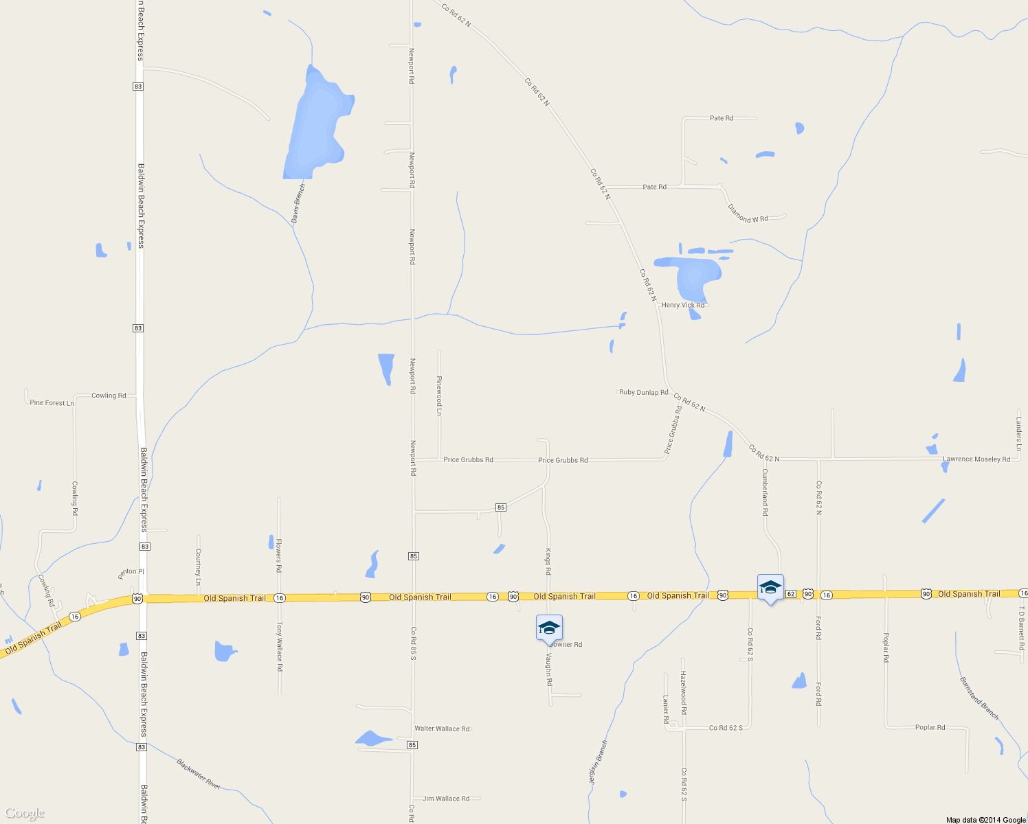 map of restaurants, bars, coffee shops, grocery stores, and more near 22355 Price Grubbs Road in Robertsdale