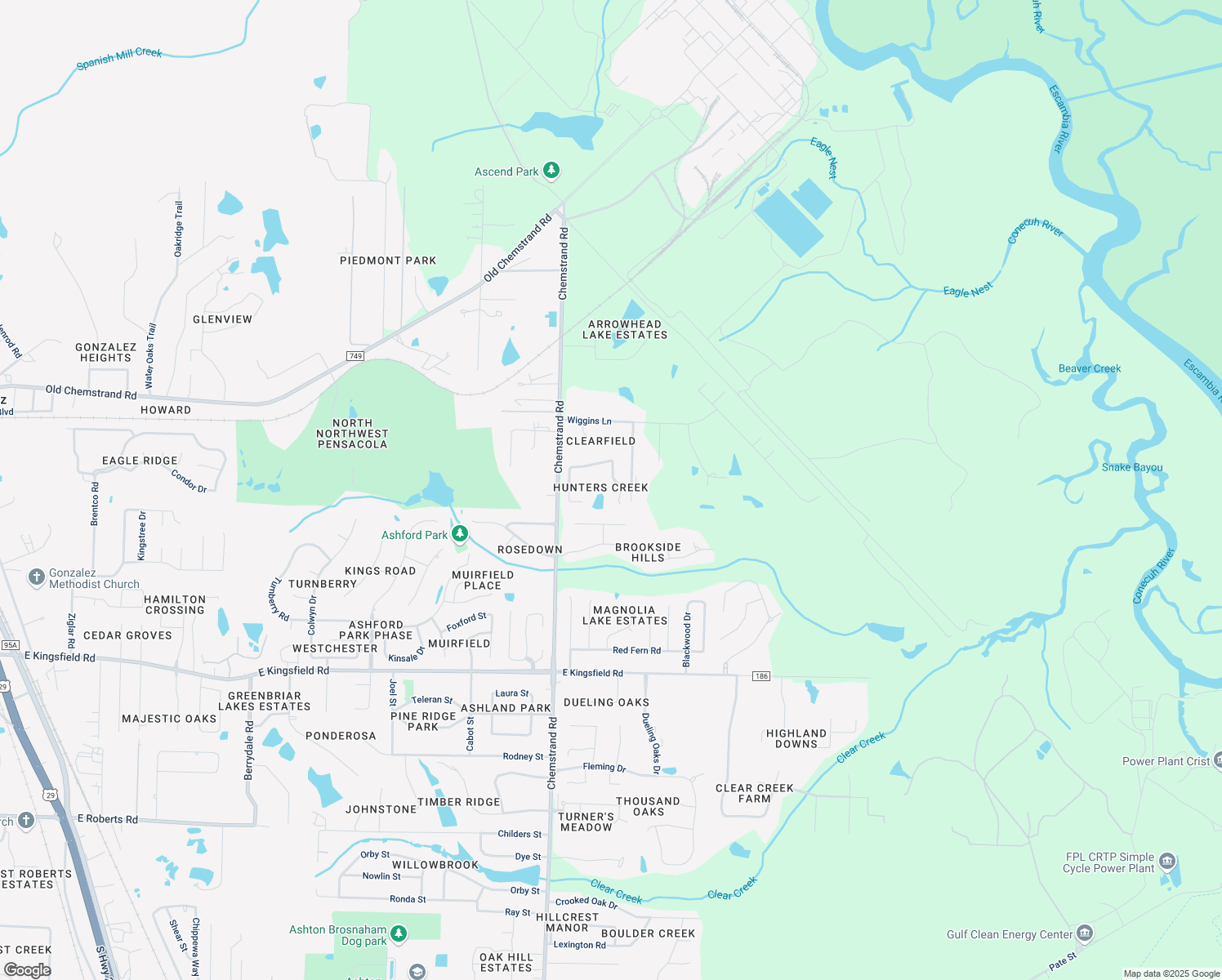 map of restaurants, bars, coffee shops, grocery stores, and more near 1517 Hunters Creek Drive in Escambia County