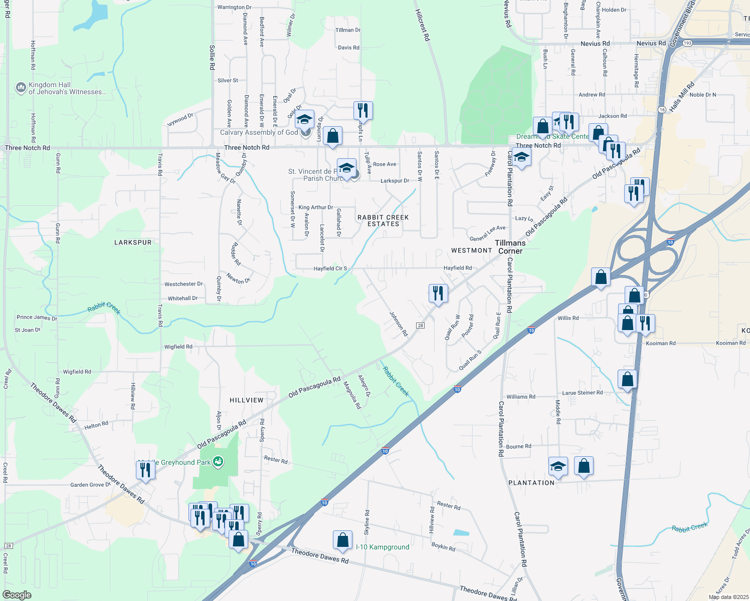map of restaurants, bars, coffee shops, grocery stores, and more near 6584 Rabbit Ct in Theodore