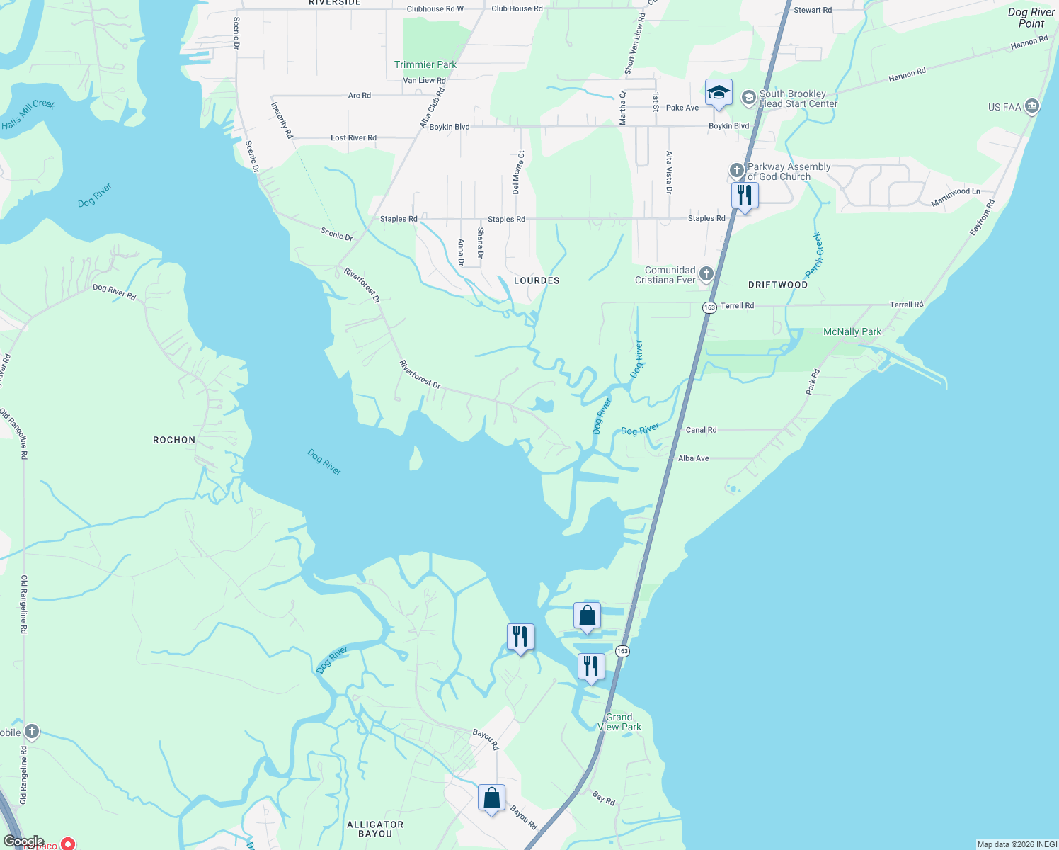 map of restaurants, bars, coffee shops, grocery stores, and more near 2101 River Forest Dr in Mobile