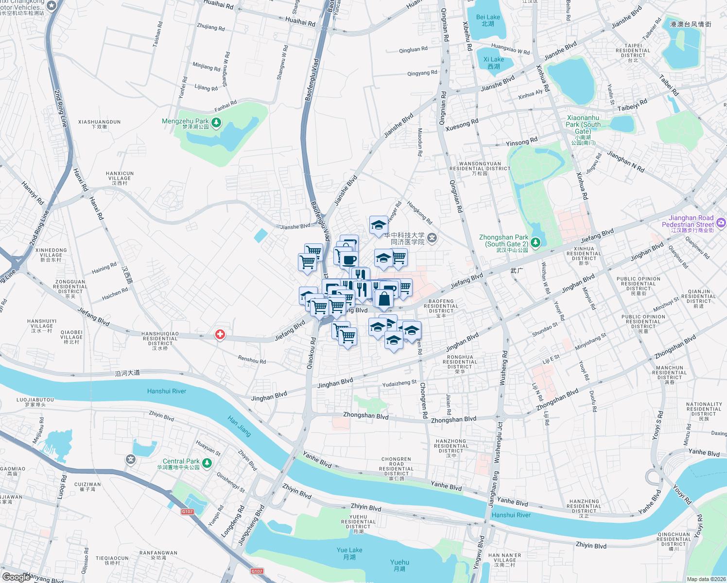 map of restaurants, bars, coffee shops, grocery stores, and more near 1063 Jie Fang Da Dao in Wu Han Shi
