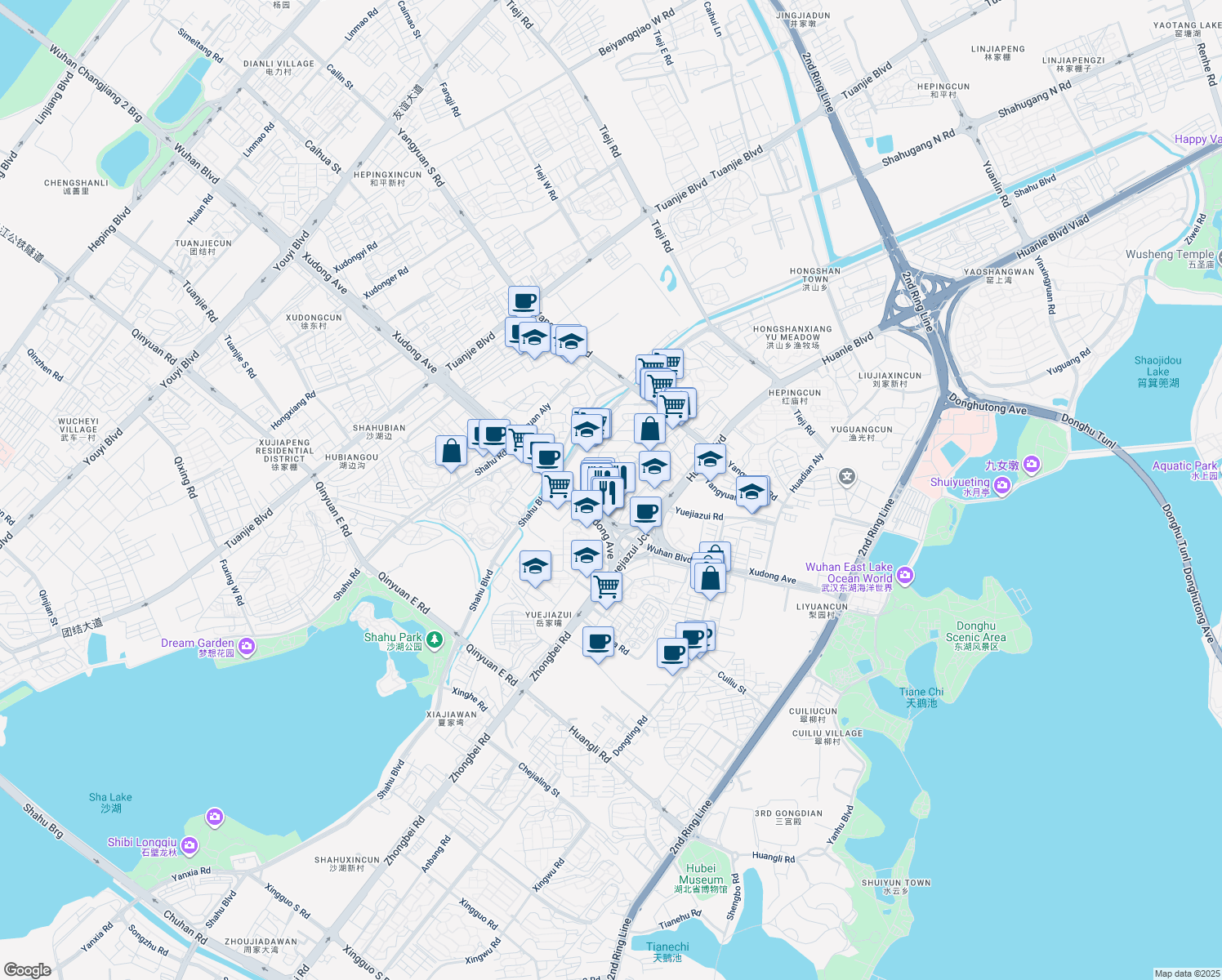 map of restaurants, bars, coffee shops, grocery stores, and more near Xu Dong Xiao Lu in Wu Han Shi