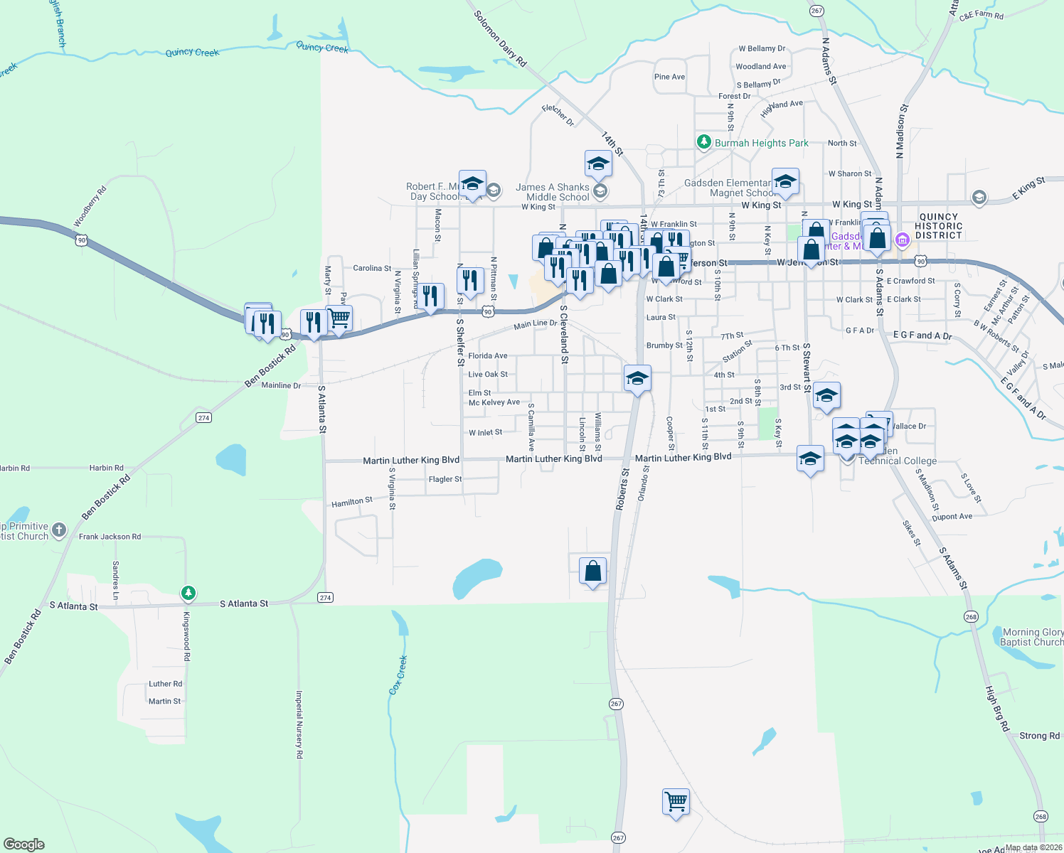 map of restaurants, bars, coffee shops, grocery stores, and more near South Camilla Avenue in Quincy