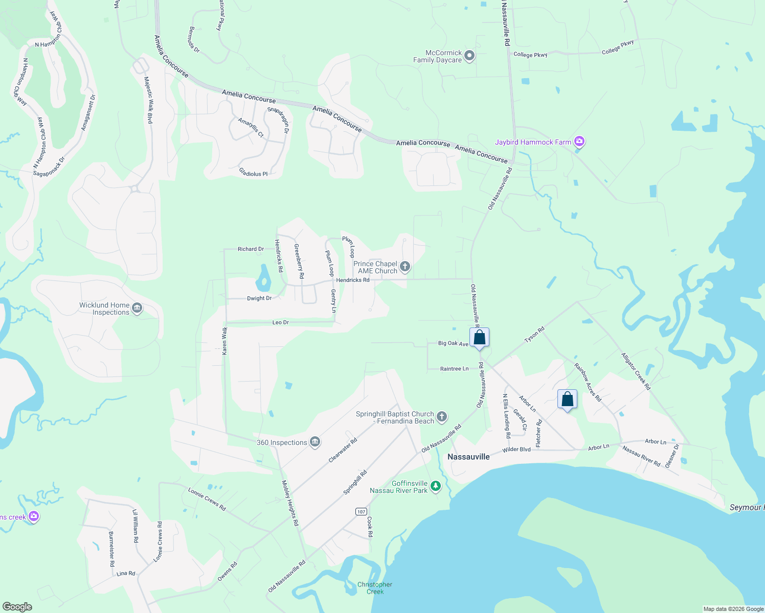 map of restaurants, bars, coffee shops, grocery stores, and more near 95166 Hendricks Road in Fernandina Beach