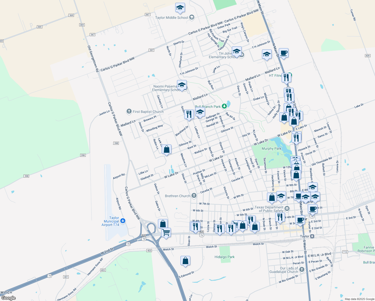 map of restaurants, bars, coffee shops, grocery stores, and more near 1501 Kent St in Taylor