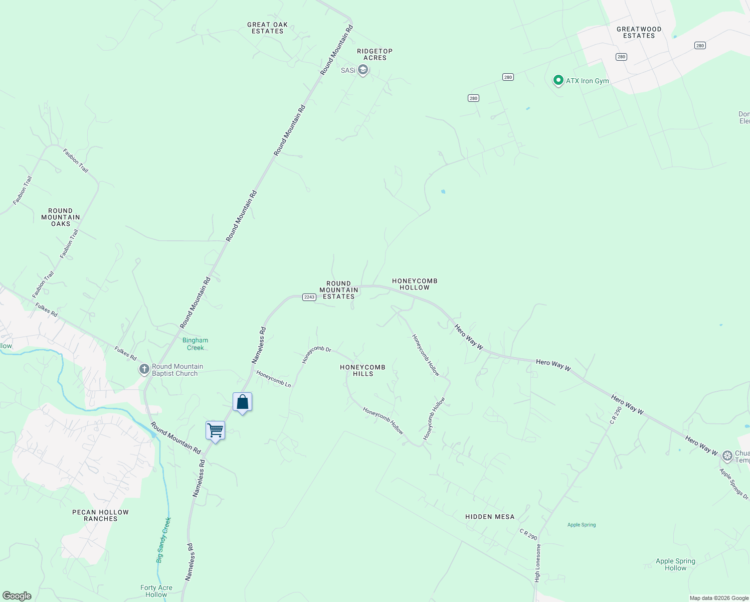 map of restaurants, bars, coffee shops, grocery stores, and more near 22007 Nameless Road in Leander