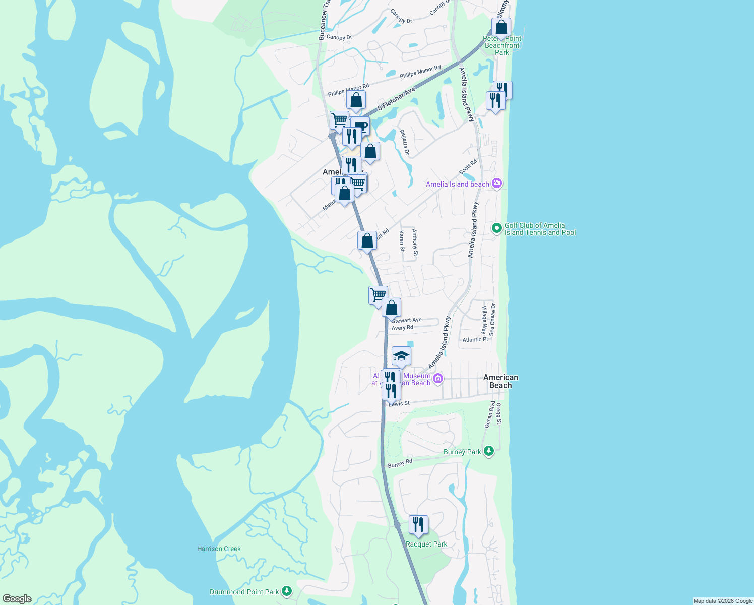map of restaurants, bars, coffee shops, grocery stores, and more near 95220 Spring Tide Lane in Fernandina Beach