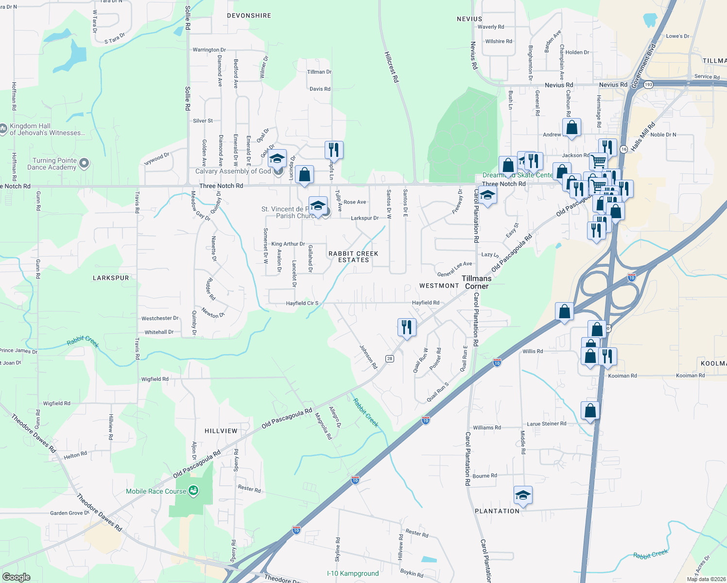 map of restaurants, bars, coffee shops, grocery stores, and more near 6468 Hayfield Road in Theodore