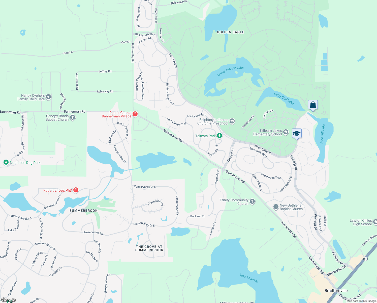 map of restaurants, bars, coffee shops, grocery stores, and more near 2147 Bannerman Road in Tallahassee