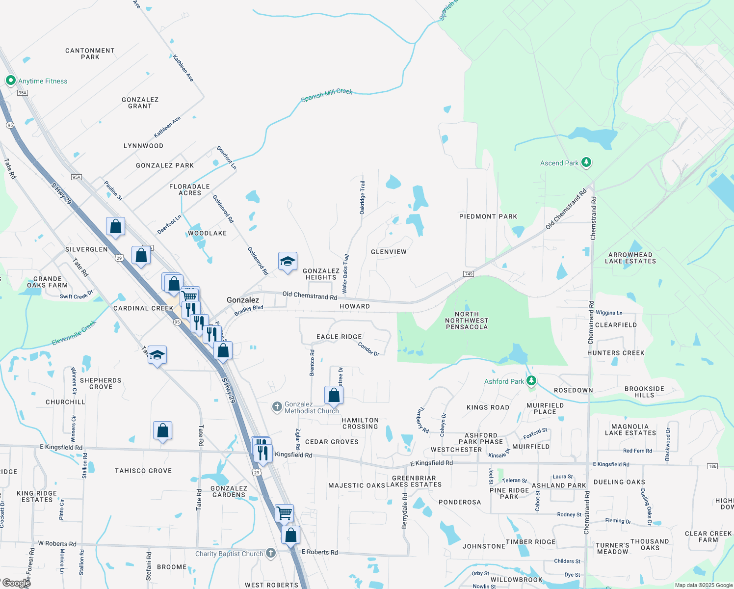 map of restaurants, bars, coffee shops, grocery stores, and more near 255 Lindsay Lane in Gonzalez