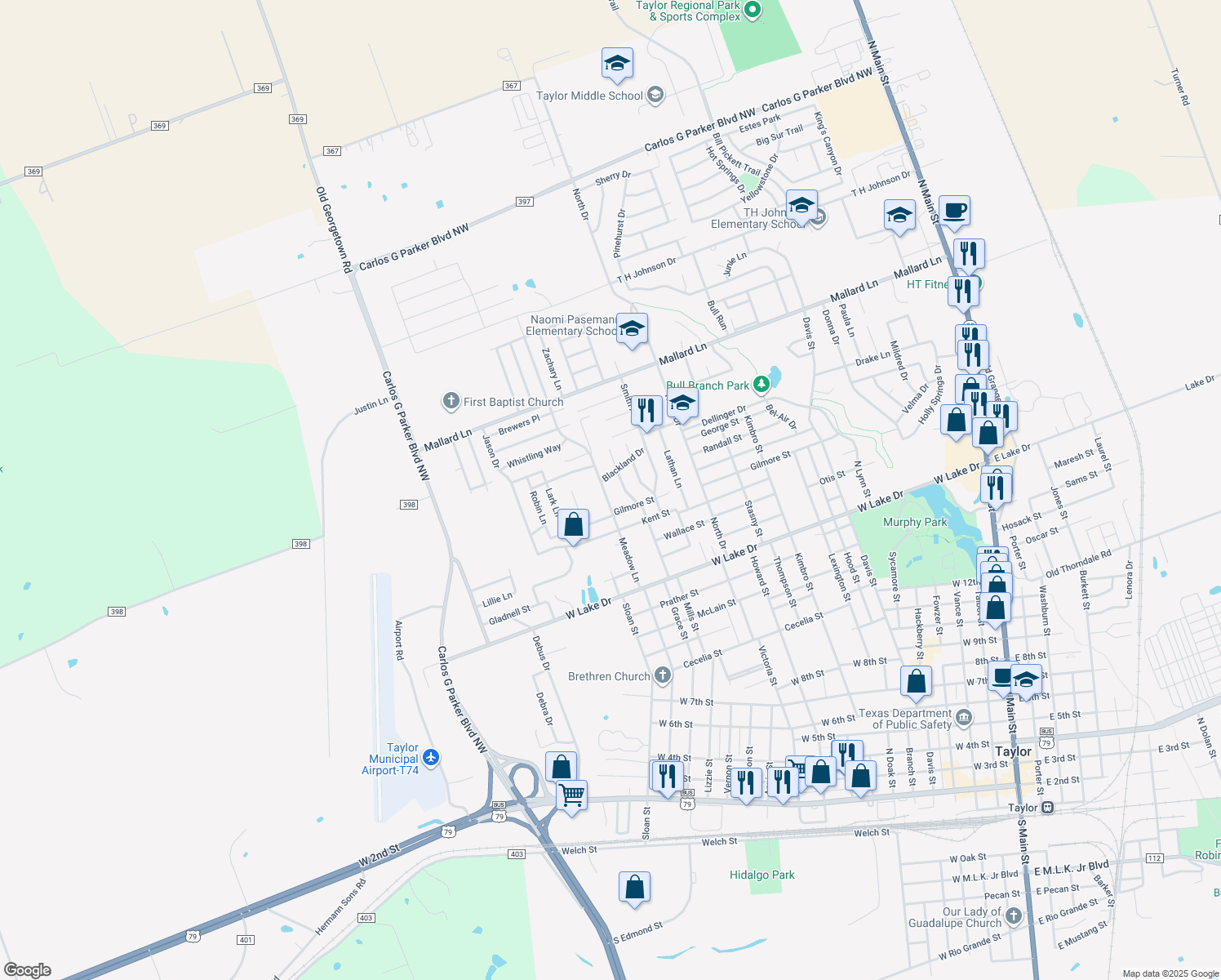map of restaurants, bars, coffee shops, grocery stores, and more near 2206 Meadow Ln in Taylor