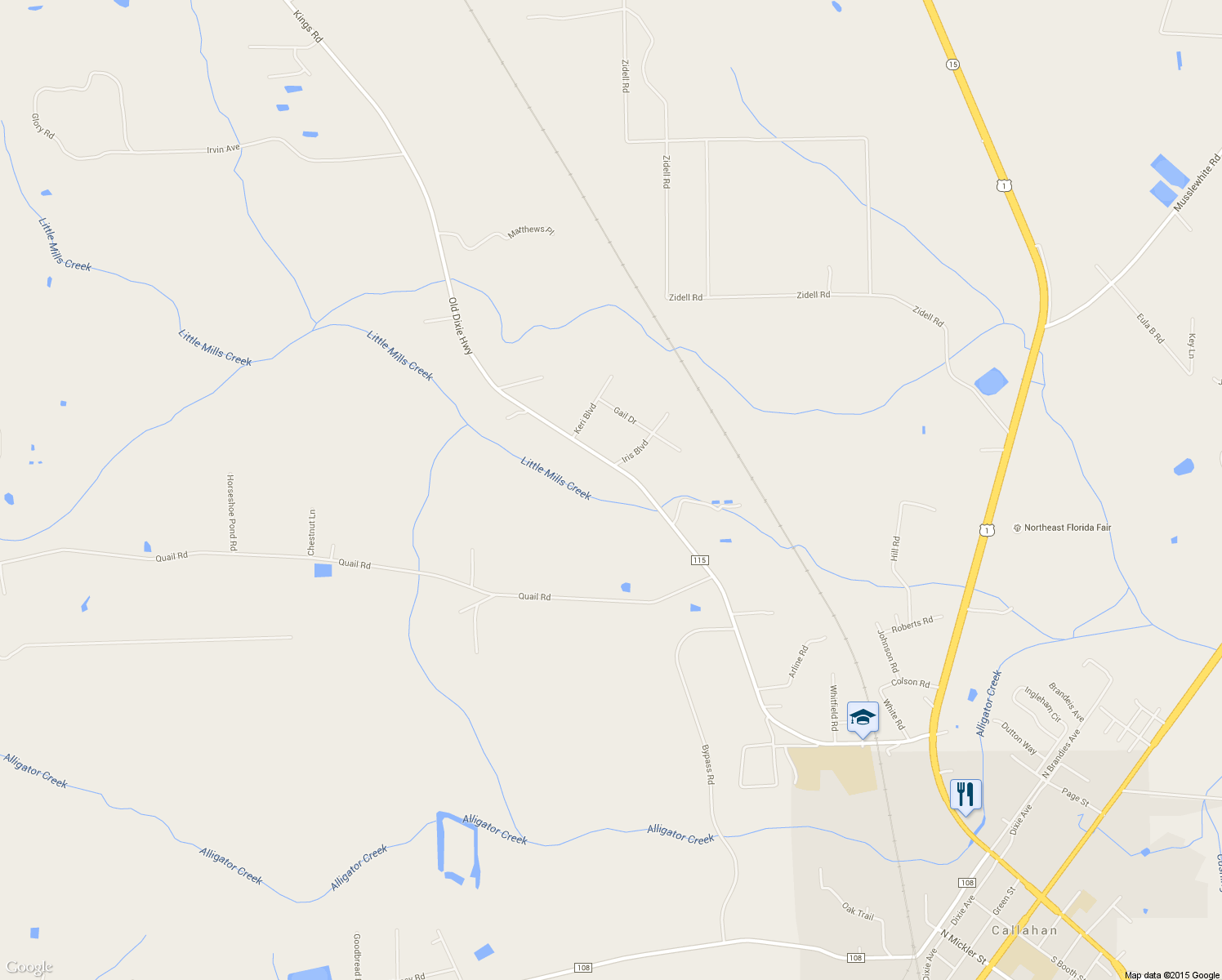 map of restaurants, bars, coffee shops, grocery stores, and more near 1211 Old Dixie Highway in Callahan