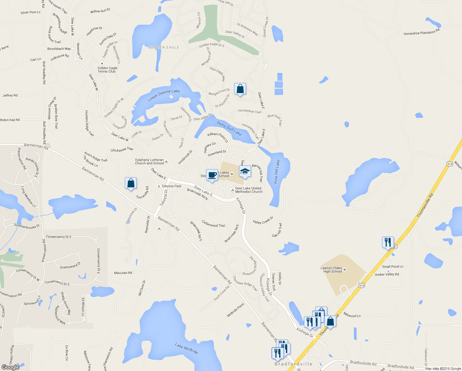 map of restaurants, bars, coffee shops, grocery stores, and more near 8017 Deer Lake East in Tallahassee