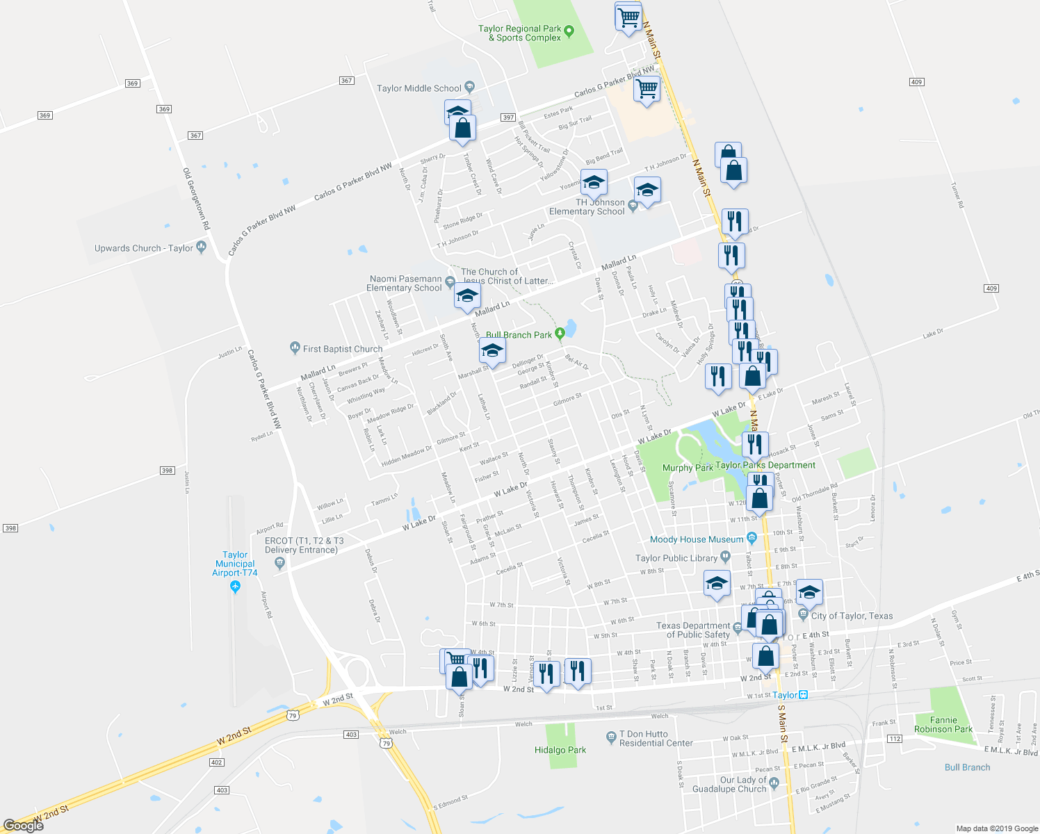 map of restaurants, bars, coffee shops, grocery stores, and more near 1011 Gilmore Street in Taylor