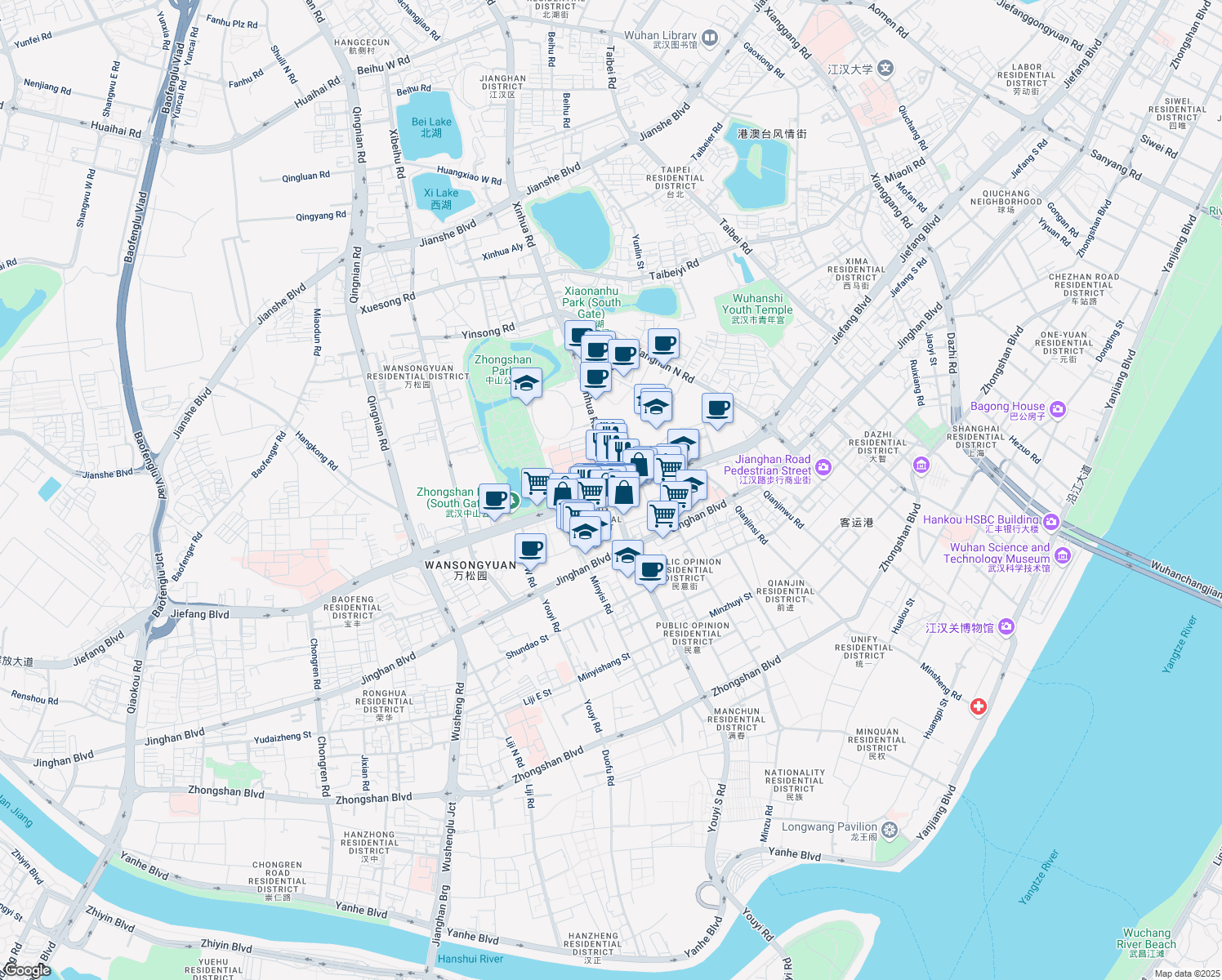 map of restaurants, bars, coffee shops, grocery stores, and more near Jiefang Avenue & Xinhua Road in Wuhan