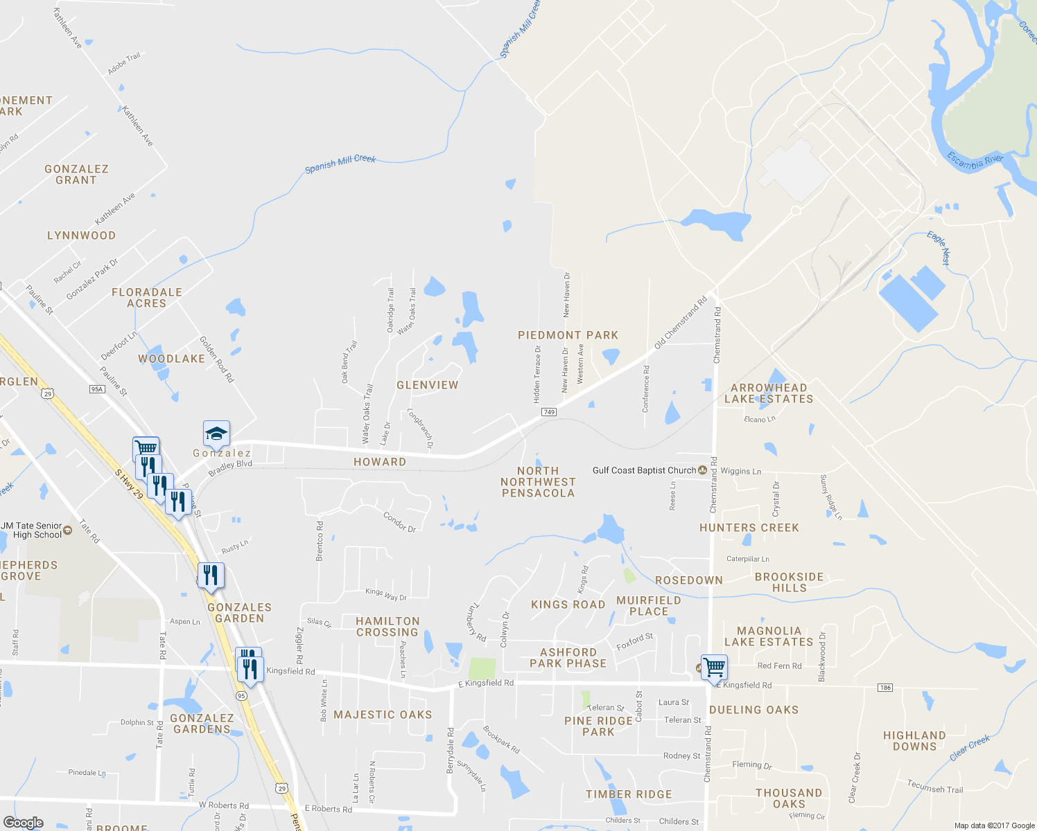 map of restaurants, bars, coffee shops, grocery stores, and more near 1202 Mill Creek Trail in Gonzalez