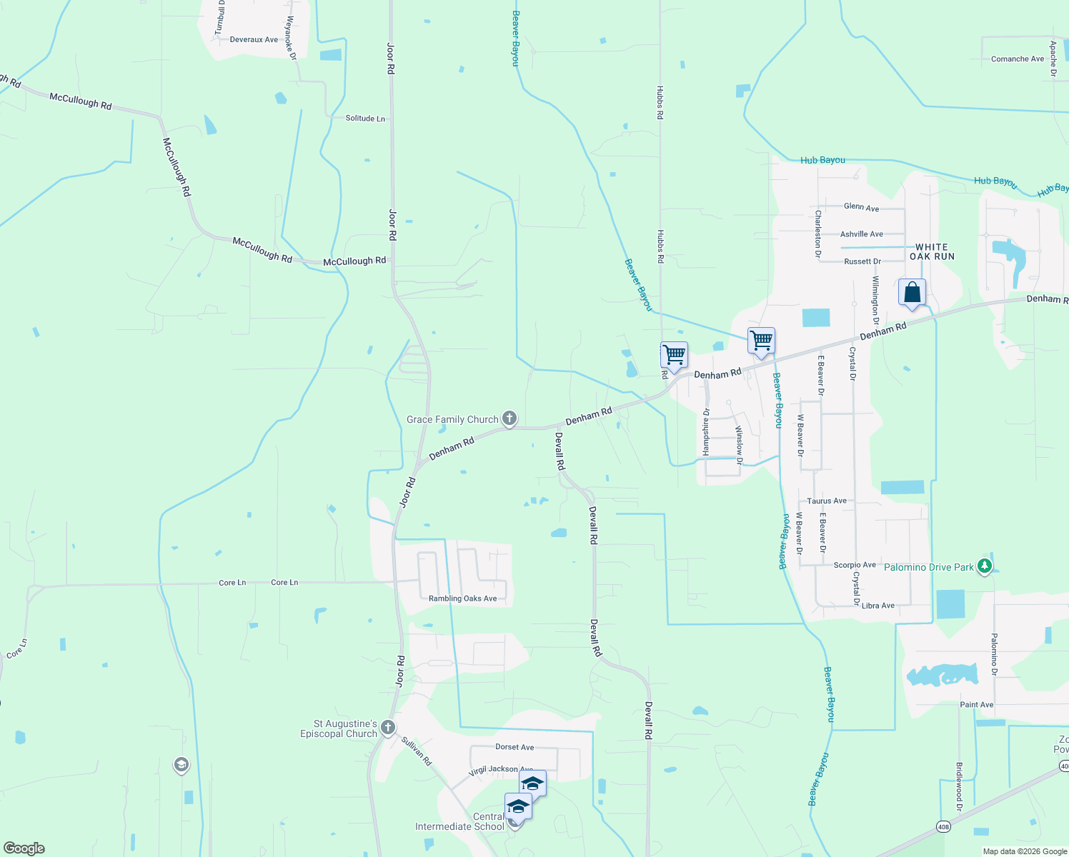 map of restaurants, bars, coffee shops, grocery stores, and more near 13350 Denham Road in Baton Rouge