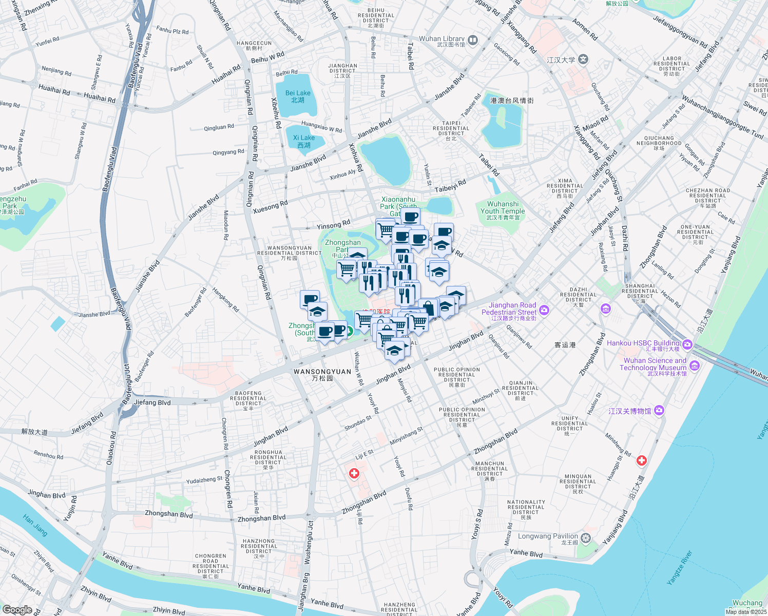 map of restaurants, bars, coffee shops, grocery stores, and more near in Wuhan