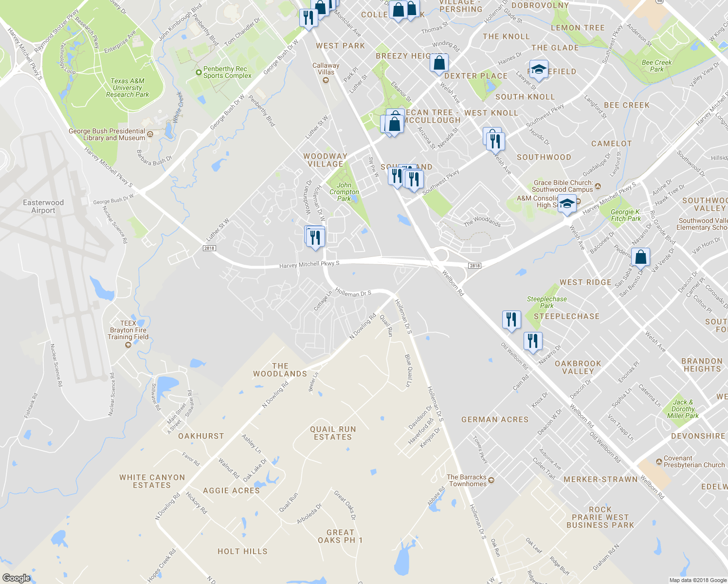 map of restaurants, bars, coffee shops, grocery stores, and more near Holleman Drive in College Station